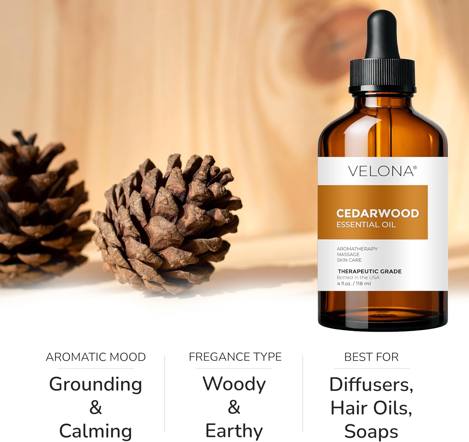 velona Cedarwood Essential Oil 4 Fl Oz | Therapeutic Grade 100% Pure and Natural | for Aromatherapy Diffuser, Massage, Skincare, Haircare, Soapmaking