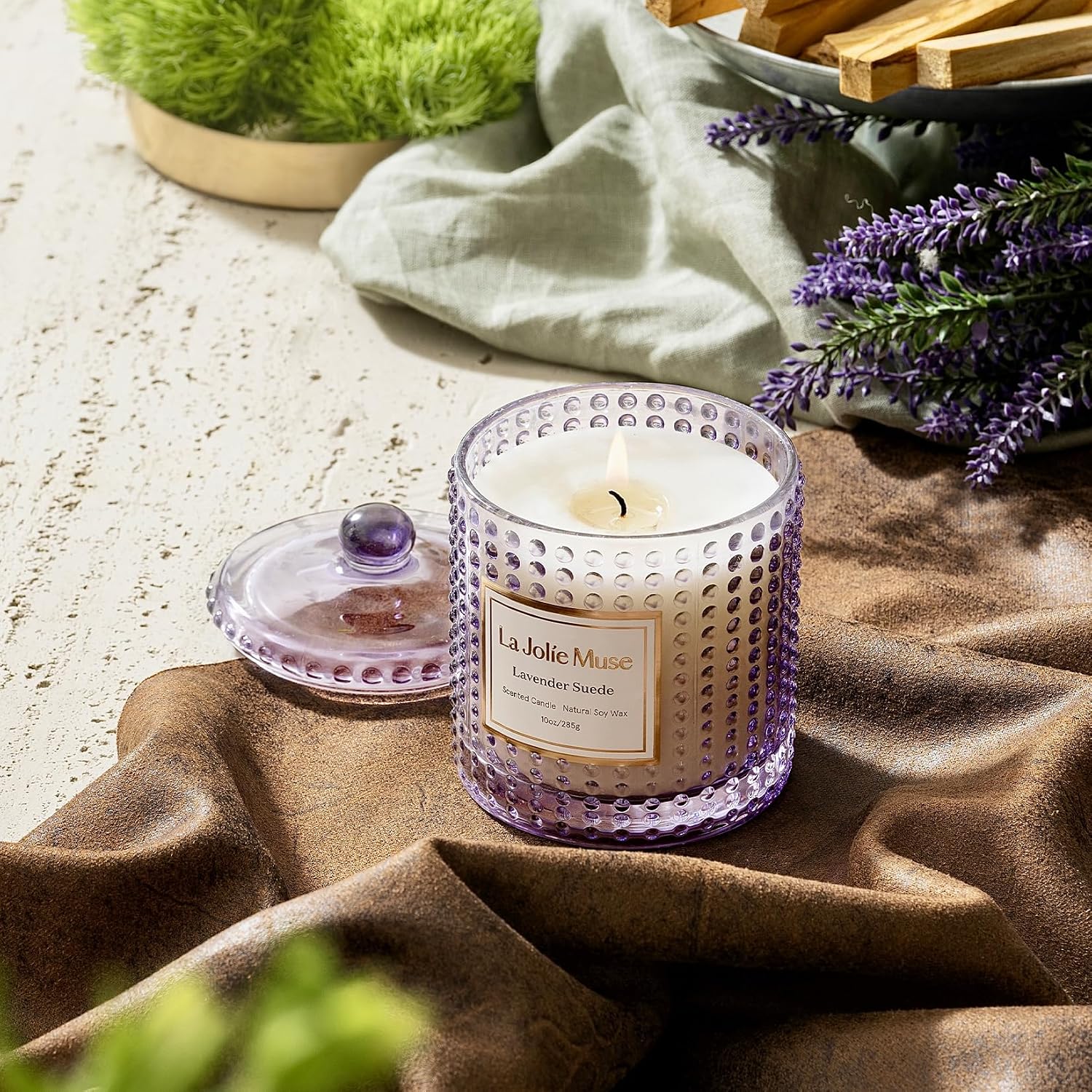 LA JOLIE MUSE Lavender Suede Scented Candle for Home | Purple Jar Candle | Non Toxic Natural Soy | Relaxing Aromatherapy Candles | Luxury Gifts for Women | 55 Hrs