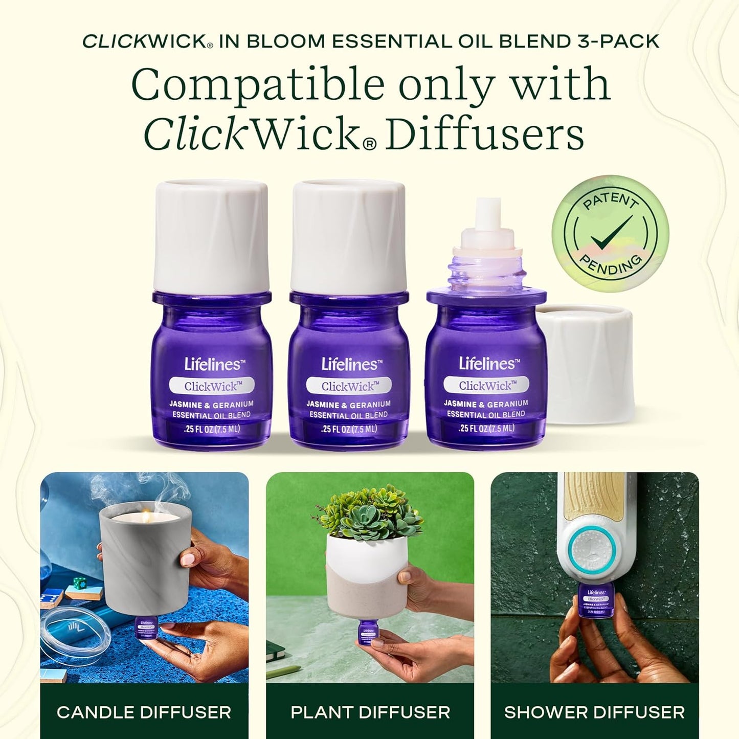 ClickWick Essential Oil Blends for Lifelines Diffusers, 3-Pack in Bloom Set - Essential Oil Blend Refill for Candle, Plant & Shower Aromatherapy Diffuser - Fragrance for Diffusers