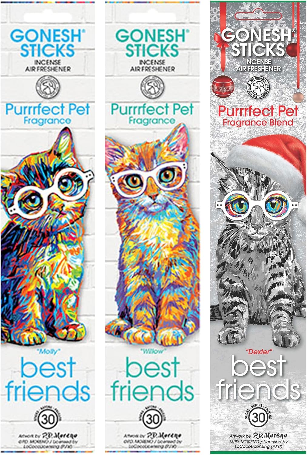 Gonesh Best Friends Purrrfect Pet Collection - Incense Sticks Variety Pack - Non-Toxic 10” Slow Burn Aromatic Sticks - Willow, Molly and Dexter - 3 Pack, 30 Each