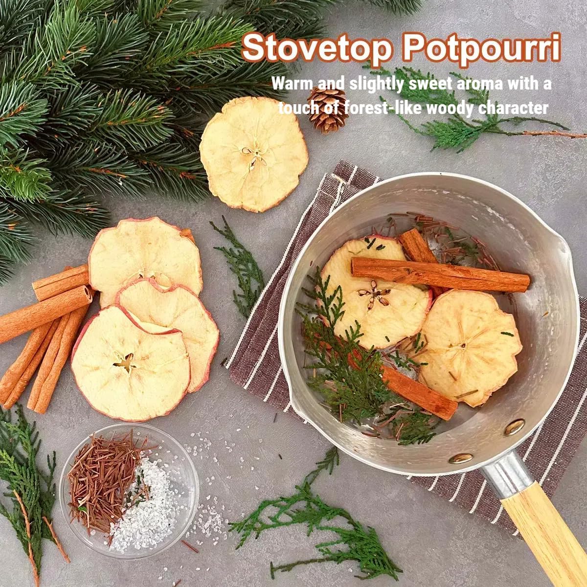 Simmer Pot Potpourri, Farmhouse Stovetop Potpourri with Apple, Cedar Stems, Pine Needles and Salt, Simmering Potpourris for Home Fragrance, Odor Removal, Holiday, Relaxing, Housewarming Gift