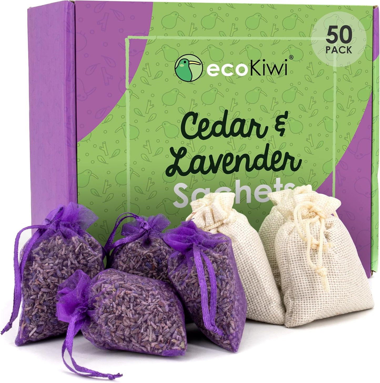 EcoKiwi Cedar & Lavender Sachets – 50 Sachets for Home Fragrence and Fresh Scents, Cedar & Lavender Sachet for Drawers and Closest, Dual-Purpose Sachet to Stop Clothes Damage and Closest Freshness
