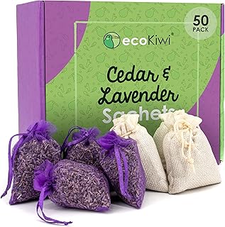 EcoKiwi Cedar & Lavender Sachets – 50 Sachets for Home Fragrence and Fresh Scents, Cedar & Lavender Sachet for Drawers and Closest, Dual-Purpose Sachet to Stop Clothes Damage and Closest Freshness