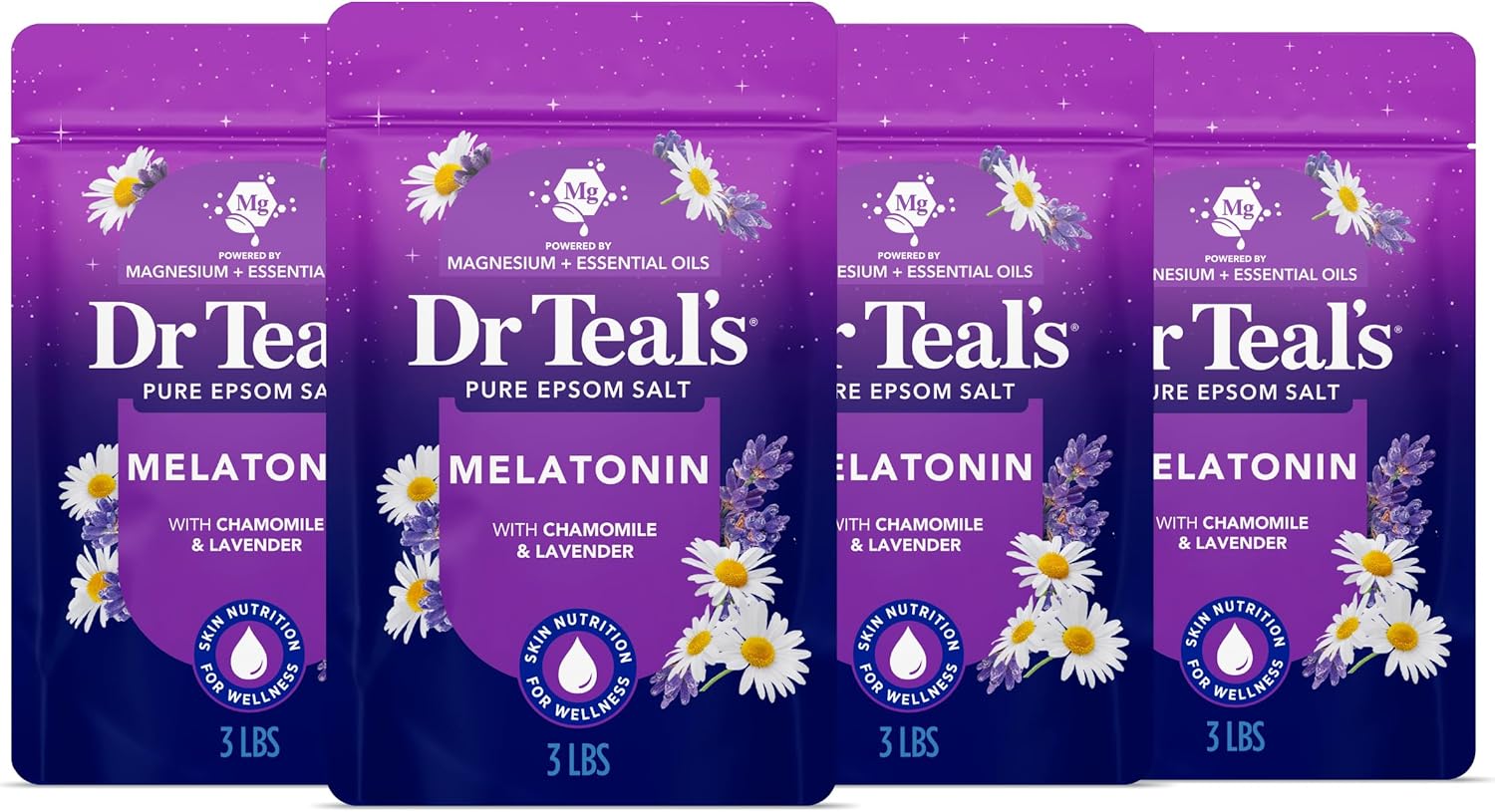 Dr Teal's Pure Epsom Salt, Melatonin Sleep Soak with Essential Oil Blend, 3 lb (Pack of 4)