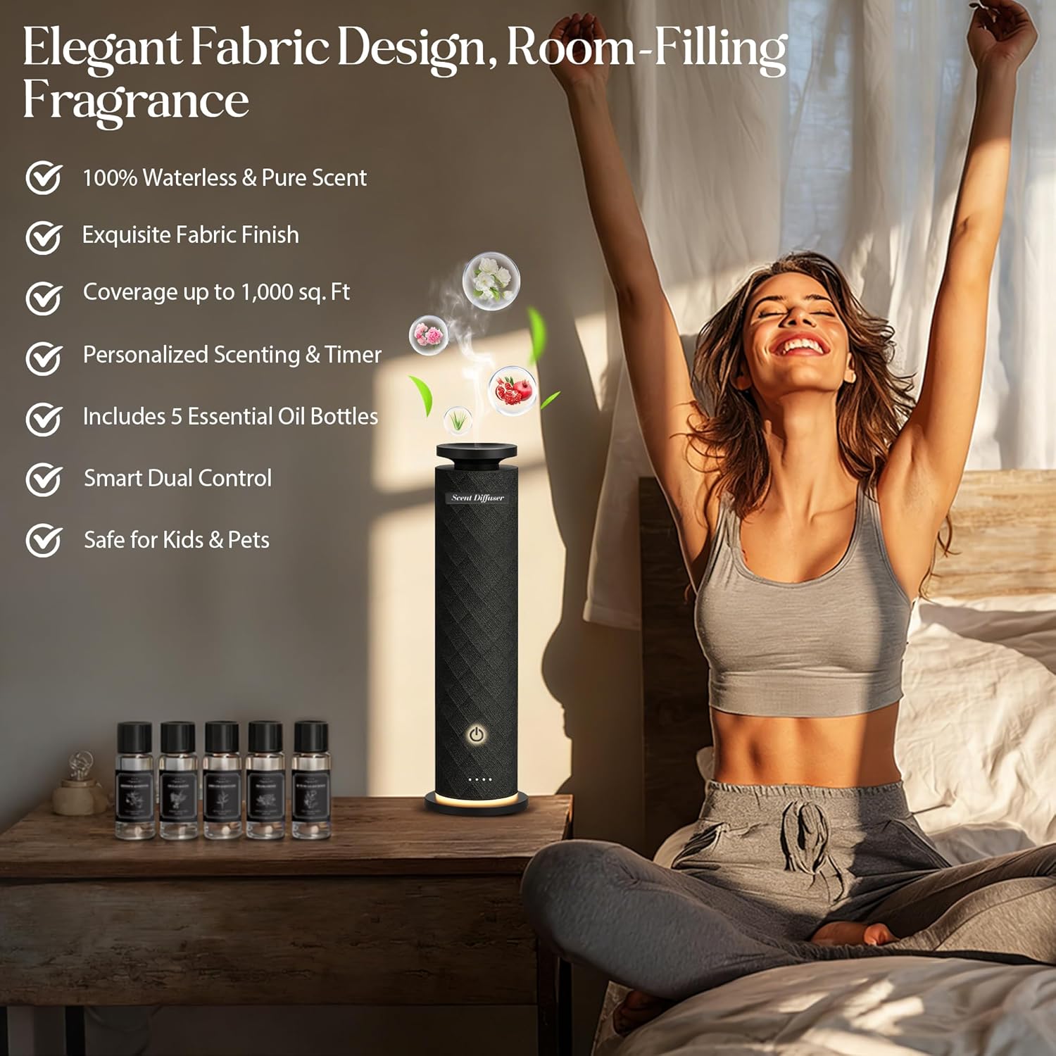 Waterless Scent Diffuser Starter Kit with 5 Oils, Luxury Hotel Style Cold Air Diffuser Oil Machine for Home, 1000 Sq Ft Coverage, Quiet Nebulizing Aromatherapy with Remote, Tower Fabric Design, Black