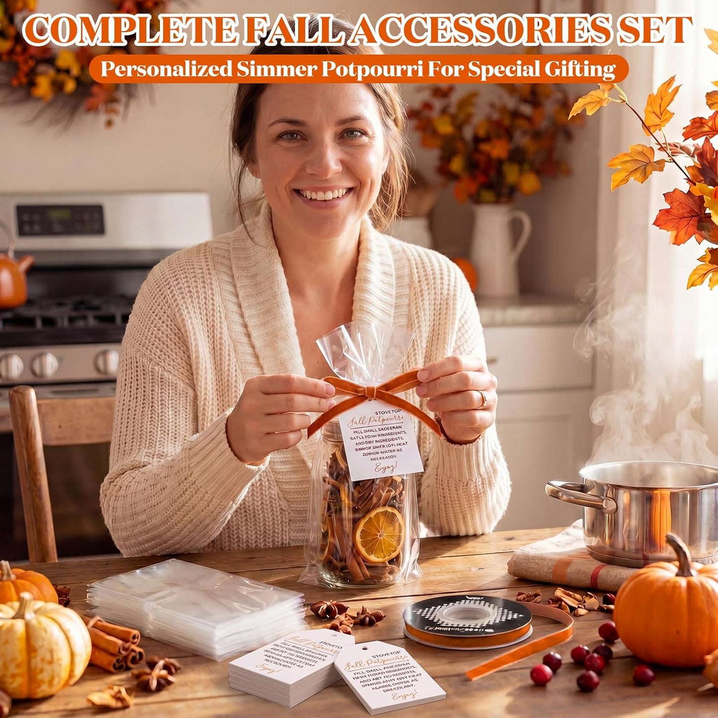 24 Pcs Fall Stovetop Potpourri DIY Kit Empty Sachet Bags 7.9 x 11.8 Inch with Velvet Ribbon Cards Scented Potpourri Bags Autumn Thanksgiving Fall Gift Decoration for Friends Housewarming Hostess
