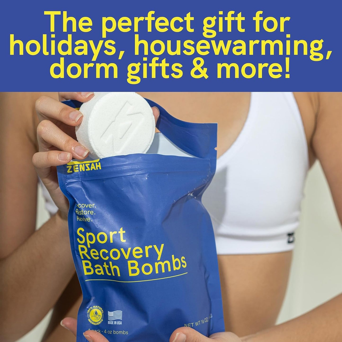 Zensah Sport Recovery Bath Bombs - Magnesium Epsom Salt for Soaking Sore Muscles, Birthday Gifts, Made in USA with Essential Oils, Peppermint and Eucalyptus Relaxation for Athletes