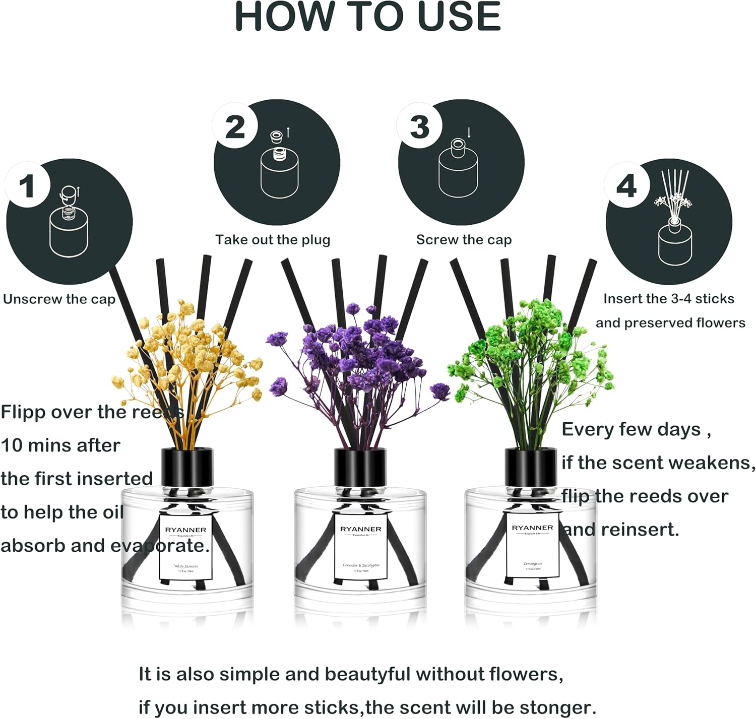 Reed Diffuser Set of 3 Pack,Lavender Eucalyptus/White Jasmine/Lemongrass Scented Oil Diffuser with 24 Sticks(1.7 fl oz Each Pack),Air Freshener for Bedroom Bathroom Office | Shelf Decor