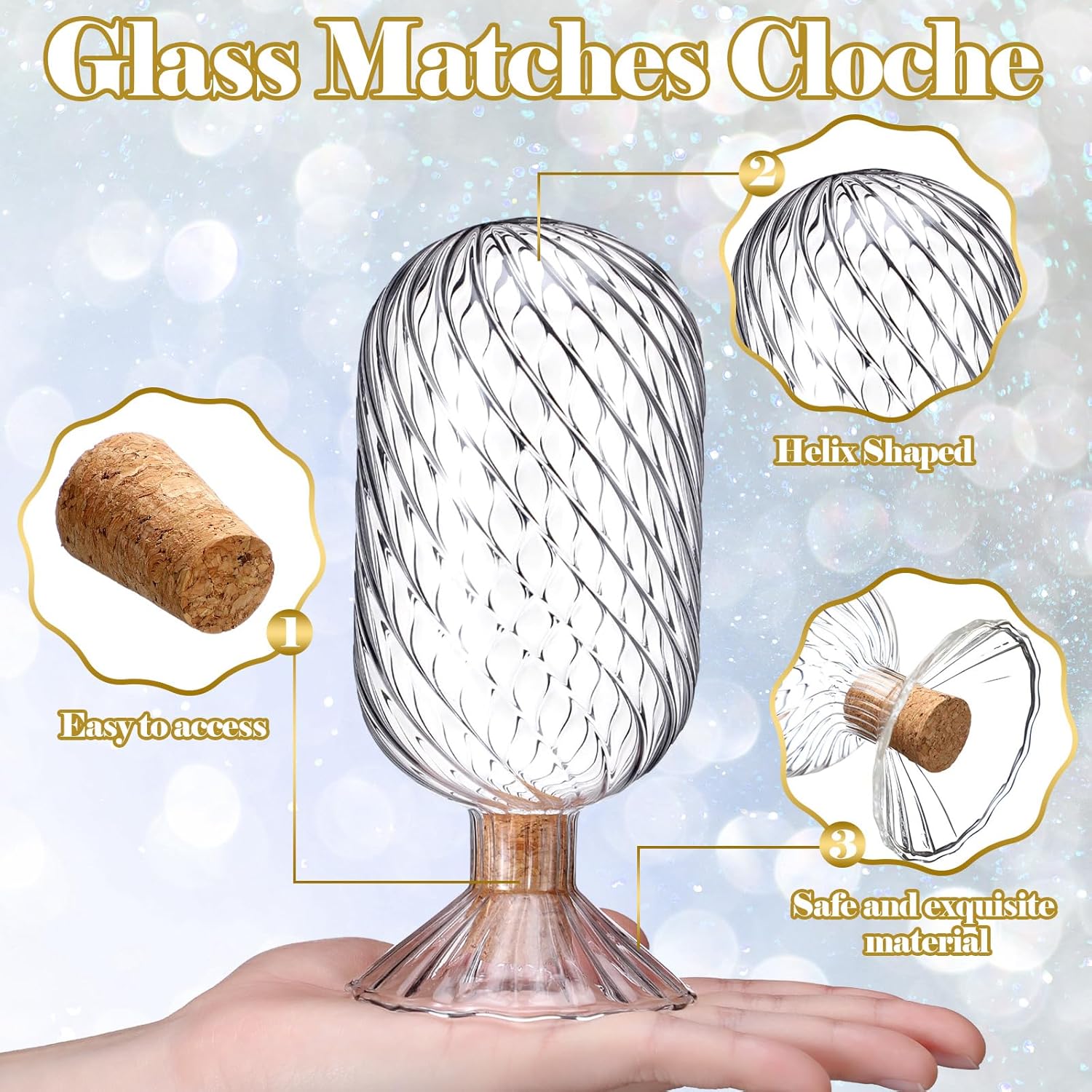 Cinnvoice Helix Shaped Glass Matches Cloche Decorative for 4 Inch Candle Matches Trendy Fireplace Display Decor, Not Include Matches(Clear,2.95 x 6.1 inches)