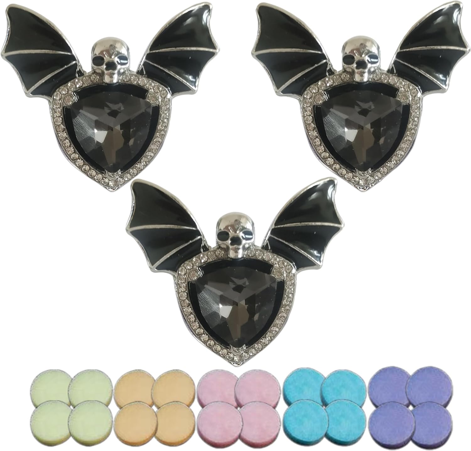 Aromatherapy Essential Oil Car Diffuser Vent Clip, Car Air Fresheners with Alloy Rhinestone Gem Bat Skull Head Decoration (3 Silver Gray Gemstone)