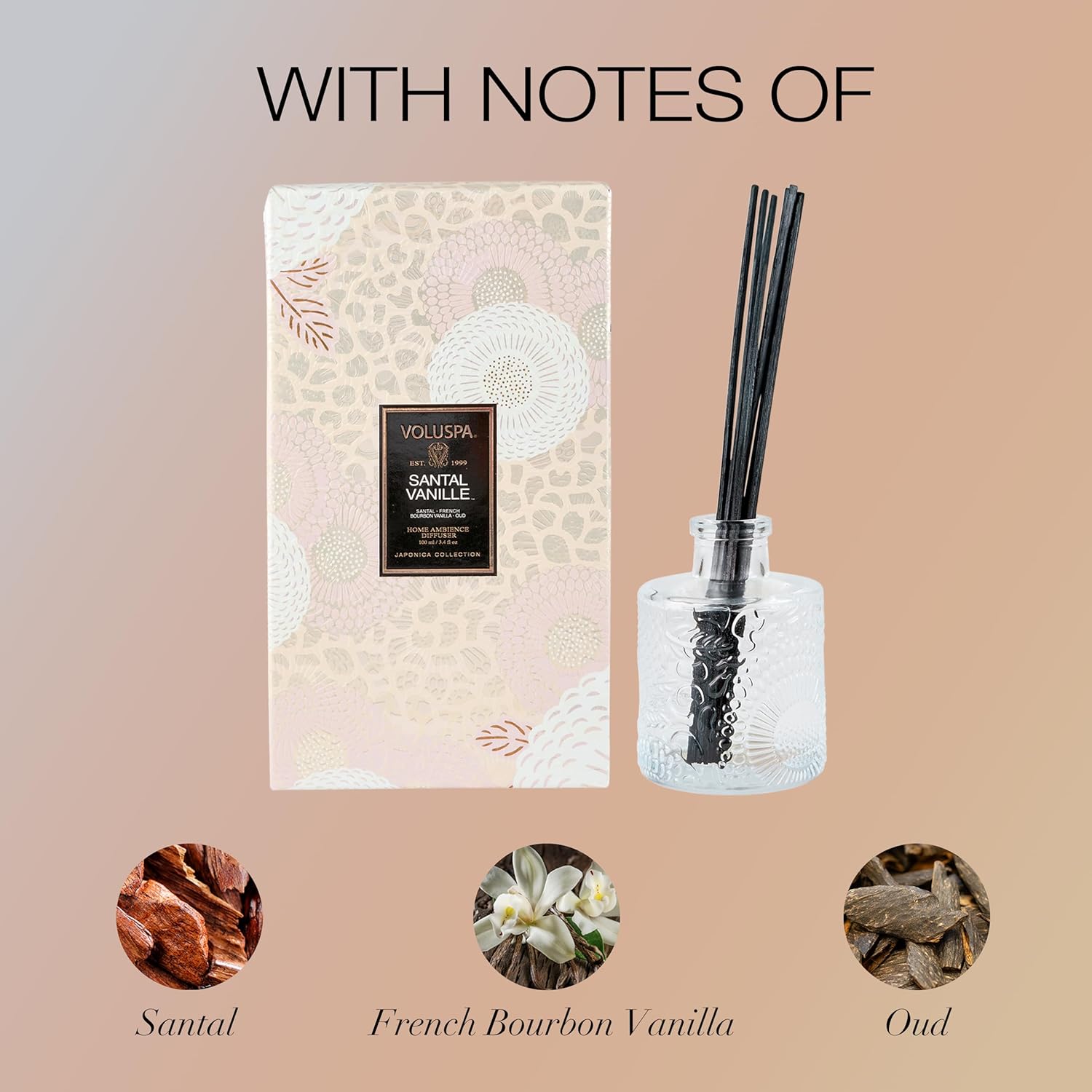 Voluspa Santal Vanille Scented Reed Diffuser, 3.4 oz, Luxury Santal Diffuser, Oil Reed Diffusers for Home, Handcrafted in the USA