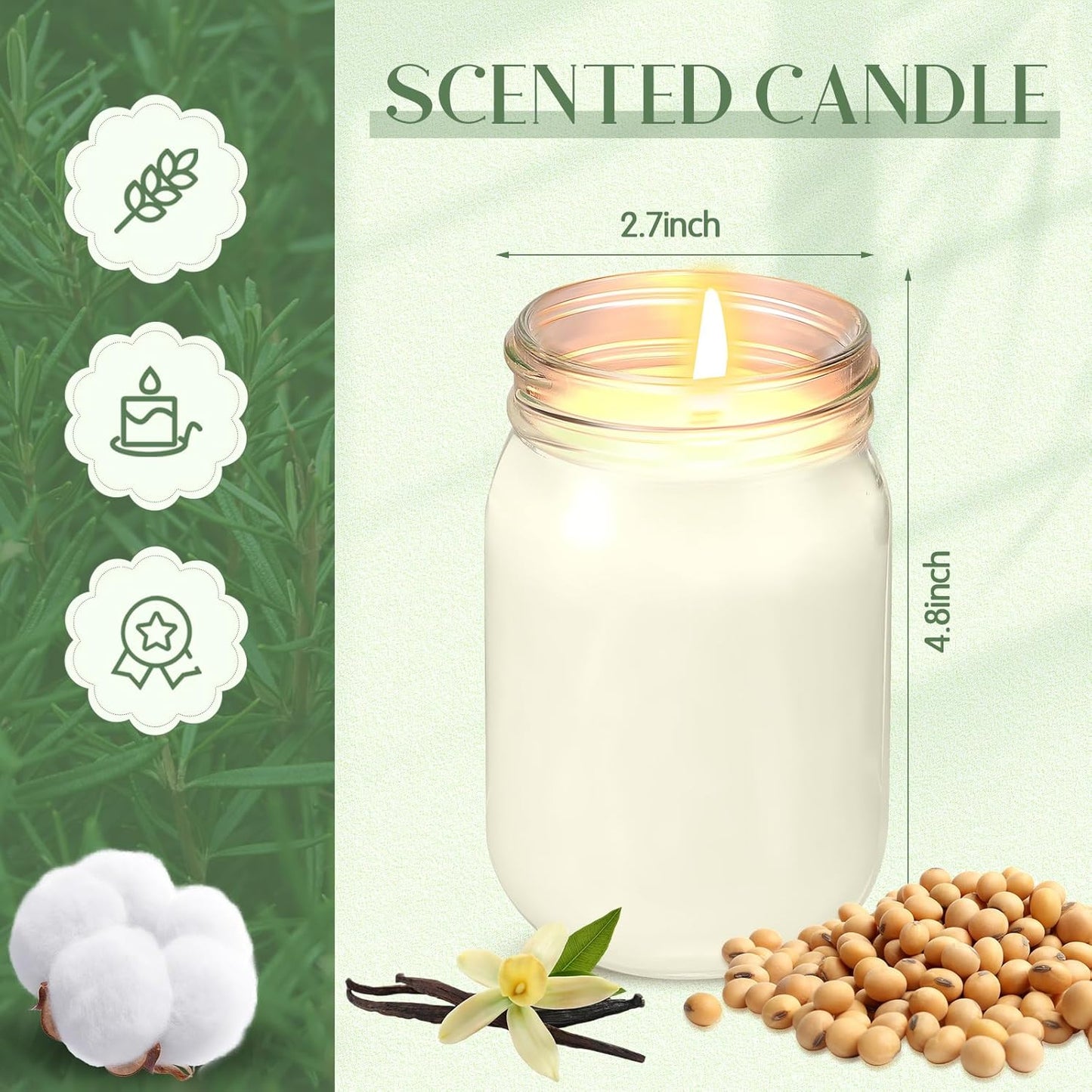 MTLEE 4 Pack 12 oz Mason Jar Soy Candle with Essential Oils Scented Soy Wax Candles up to 60 Hours Burn Time Gift for Easter Home Office Wedding Birthday Farmhouse Party Mother(Vanilla)