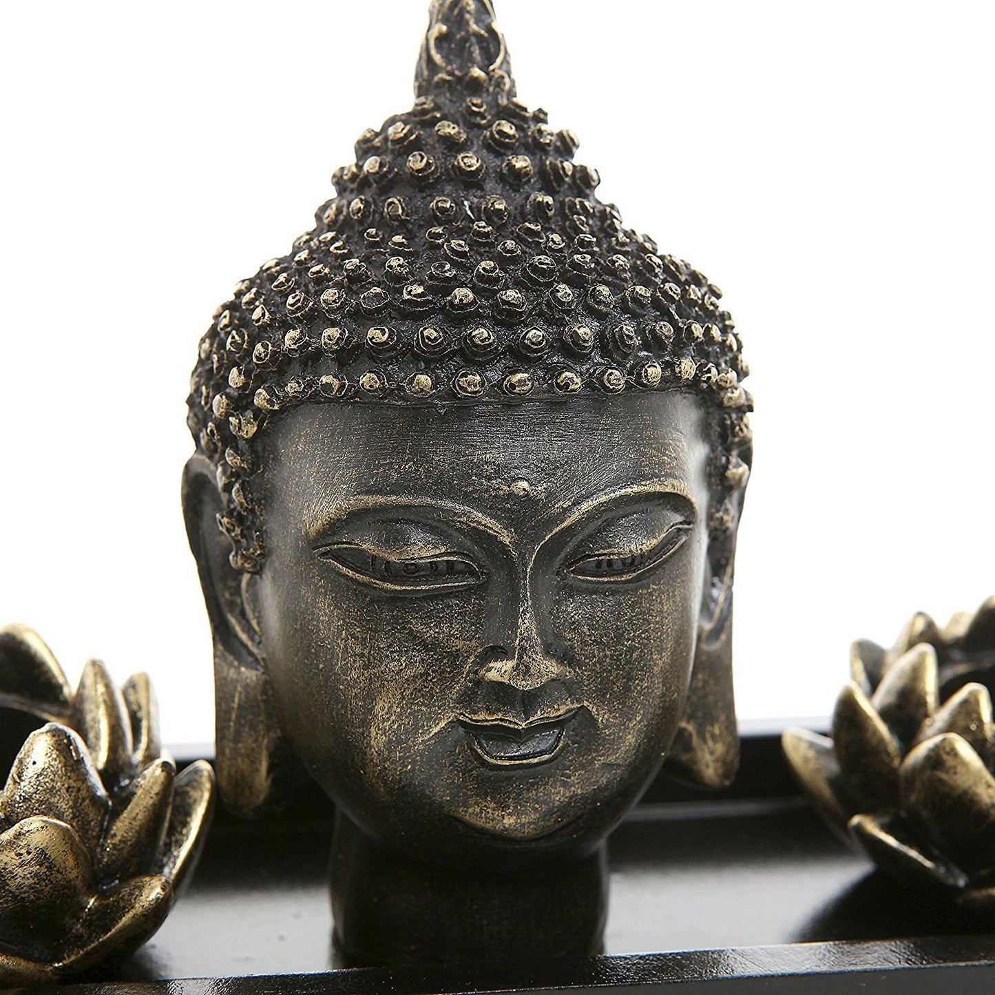 MyGift Black Buddha Head Sculpture Zen Garden Set with Lotus Tealight Candle Holders and Wooden Display Tray, Decorative Tabletop Home Accent