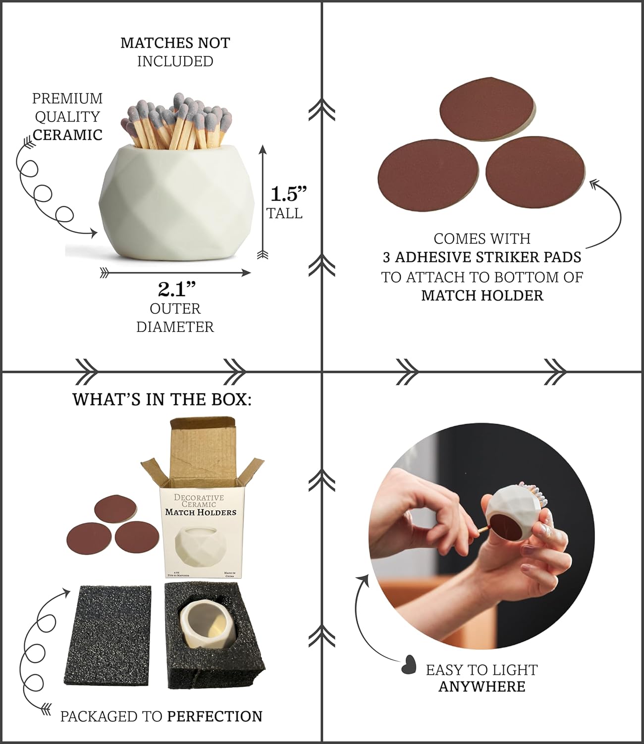 Ceramic Match Holder with Striker Pads - Classic White Oval - Cute Bathroom Matches Holder | Living Room Decor | Centerpiece Table Decorations - Matches Not Included