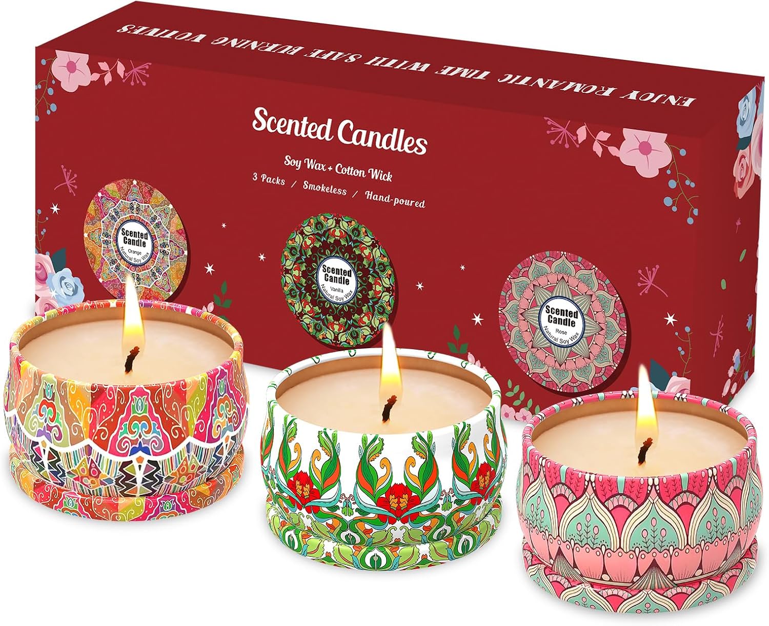 Scented Candles Gift Set,3 Pack Candles for Home Scented, Long Lasting Soy Wax Aromatherapy Candle Set, Gifts for Women with Gift Box(Rose.Vanilla.Orange)