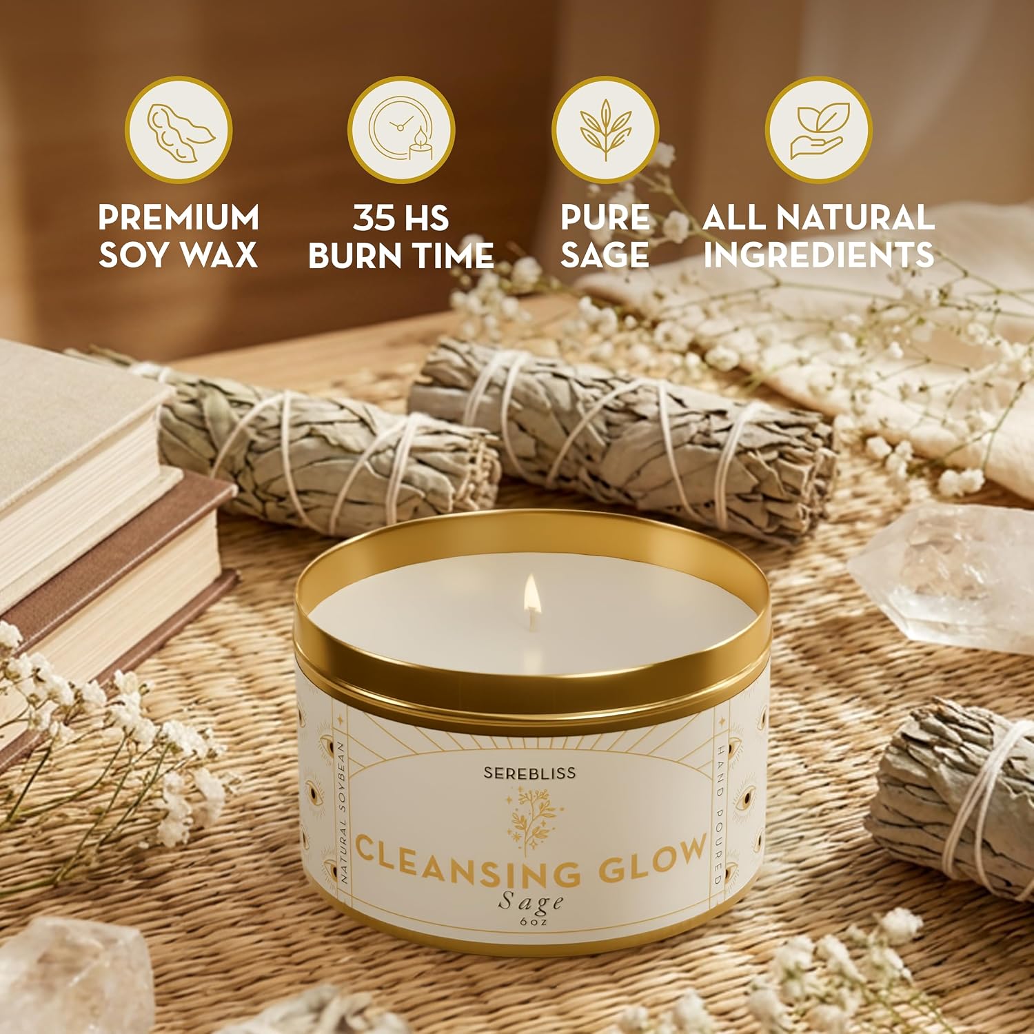 Sage Smudge Candle for Cleansing — 6oz Gold Tin Soy Candle, White Sage Scented, Smokeless Smudge Alternative for Manifestation, Protection, Meditation, Positive Energy & Spiritual Gifts
