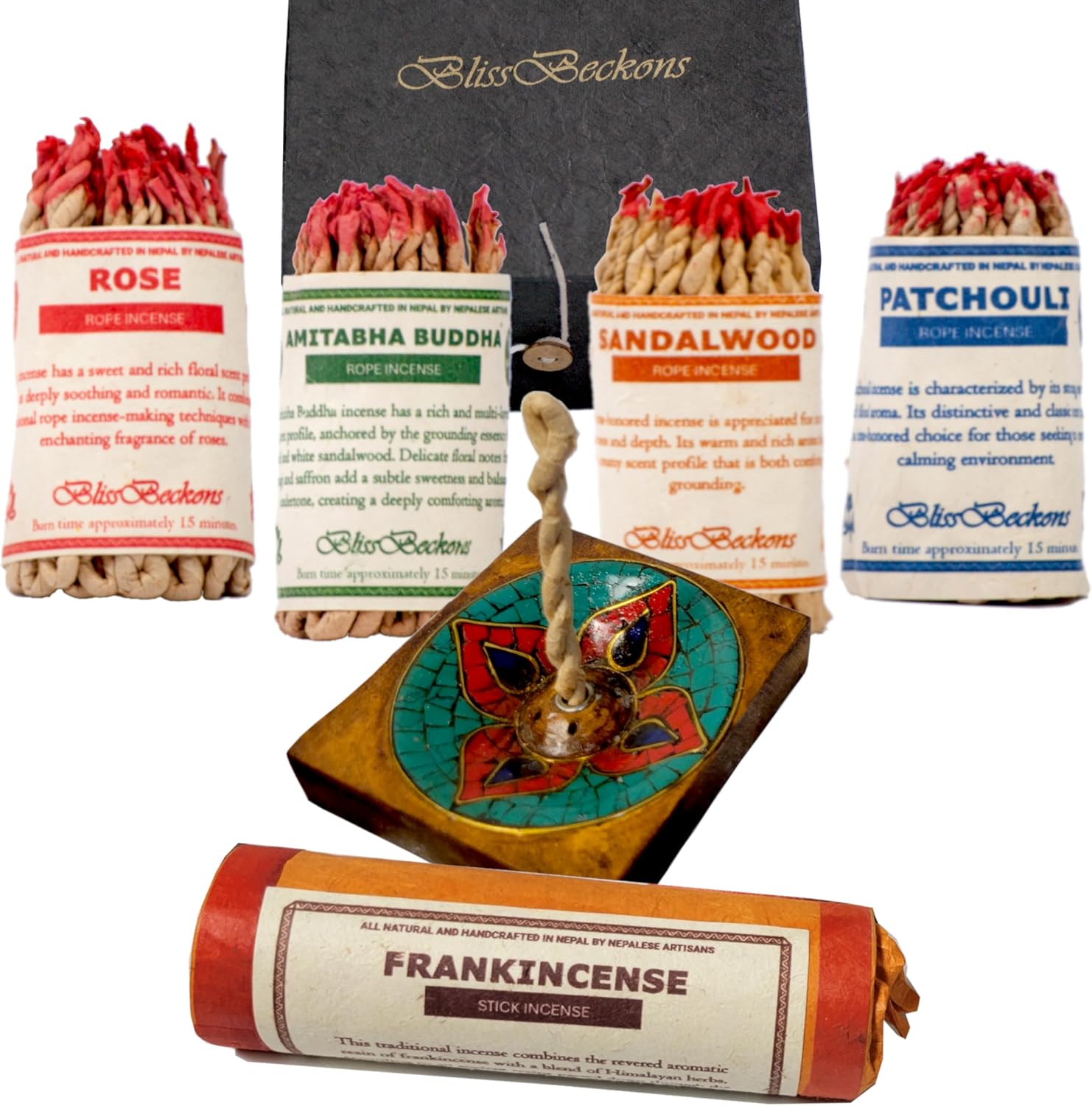 Handmade Tibetan Incense Gift Set – 150 pcs Incense Variety Pack: Frankincense, Patchouli, Sandalwood, Rose, Amitabha Buddha, Incense Holder, 4 Rope Bundles and 1 Stick Bundle