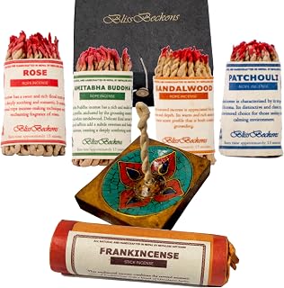 Handmade Tibetan Incense Gift Set – 150 pcs Incense Variety Pack: Frankincense, Patchouli, Sandalwood, Rose, Amitabha Buddha, Incense Holder, 4 Rope Bundles and 1 Stick Bundle
