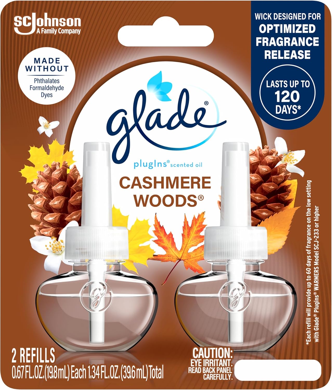 Glade PlugIns Refills Air Freshener, Scented and Essential Oils for Home and Bathroom, Cashmere Woods, 1.34 Fl Oz, 2 Count