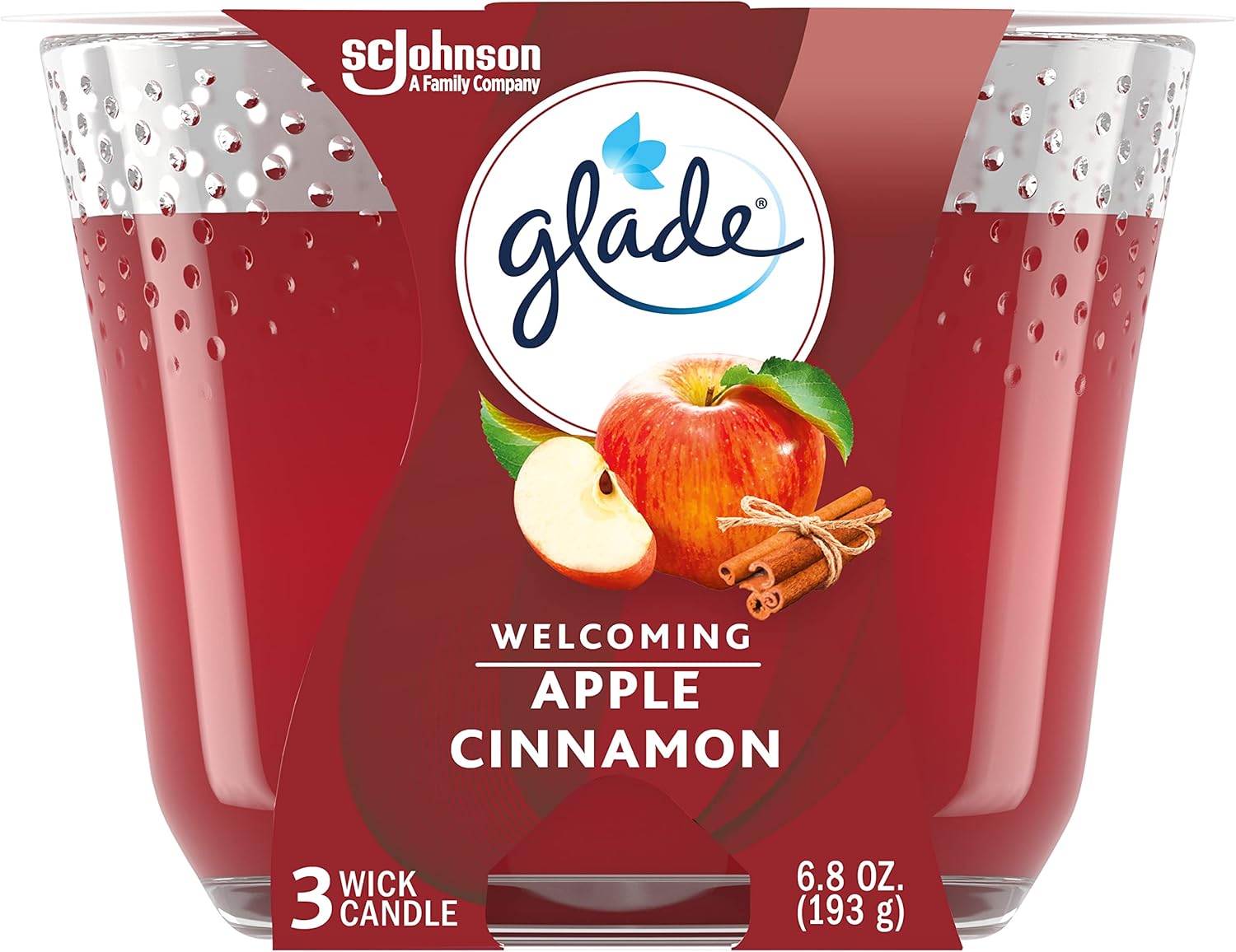 Glade Candle Apple Cinnamon, Fragrance Infused with Essential Oils, Air Freshener Candle, 3-Wick, 6.8 Oz