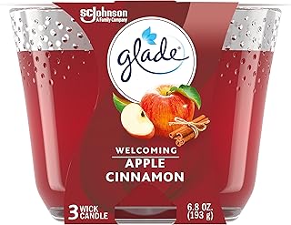 Glade Candle Apple Cinnamon, Fragrance Infused with Essential Oils, Air Freshener Candle, 3-Wick, 6.8 Oz
