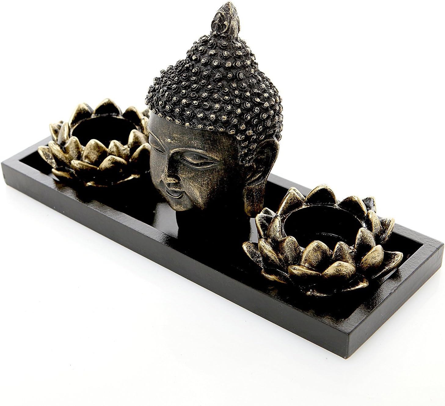 MyGift Black Buddha Head Sculpture Zen Garden Set with Lotus Tealight Candle Holders and Wooden Display Tray, Decorative Tabletop Home Accent