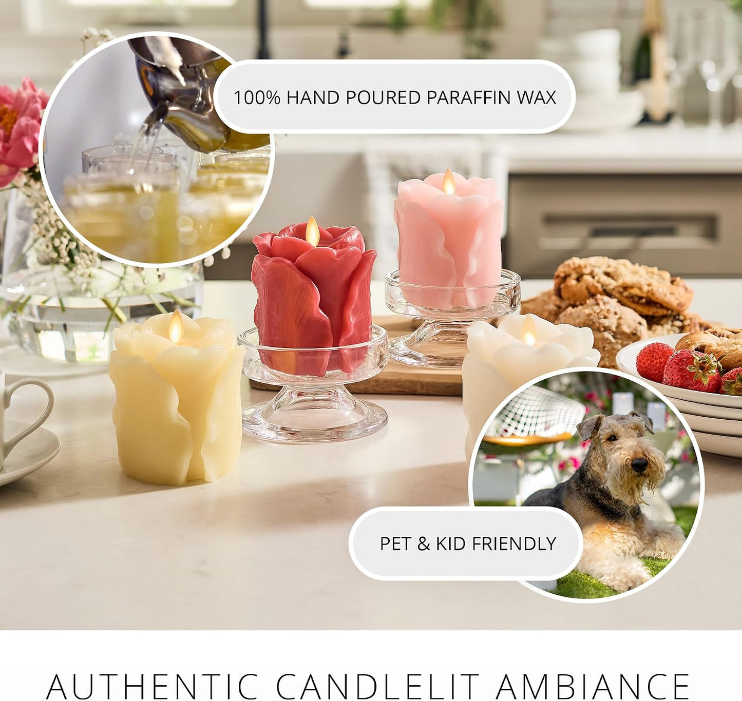 Luminara Snow White Rose Flameless Candle - 3.6" x 4.3" Rosebud Pillar - Real Flame Technology w/Flickering LED Light - Perfect for Mother's Day