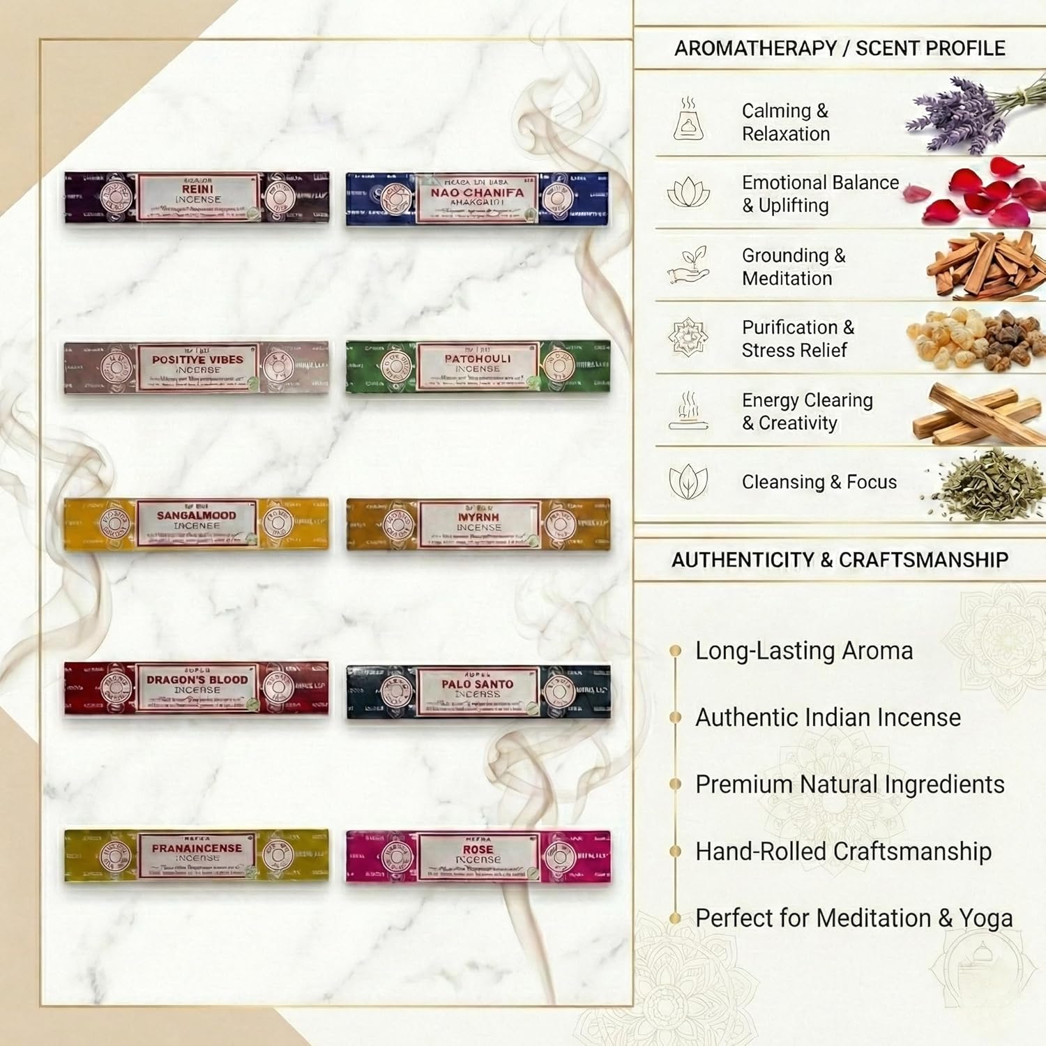 Earth Satya Assorted Incense 15g (Pack of 12) Nag Champa,Super Hit, Dragon's Blood, Palo Santo, Positive Vibes, White Sage, Patchouli, Myrrh, Frankincense, Reiki, Sandal Wood, Rose(Golden Mix)