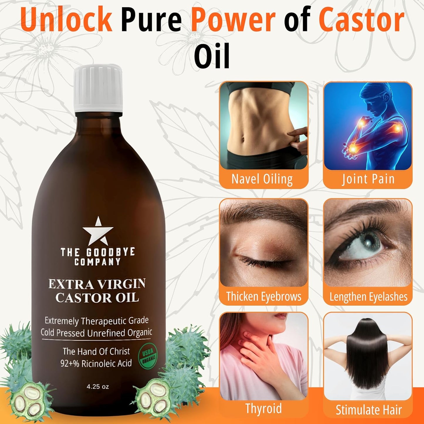 The Goodbye Company Organic Castor Oil for Hair, Skin & Eyelashes – 100% Pure, Cold-Pressed, Hexane-Free, Unrefined – Nourishing Beauty & Wellness Oil in Dark Glass Bottle – 4.25oz