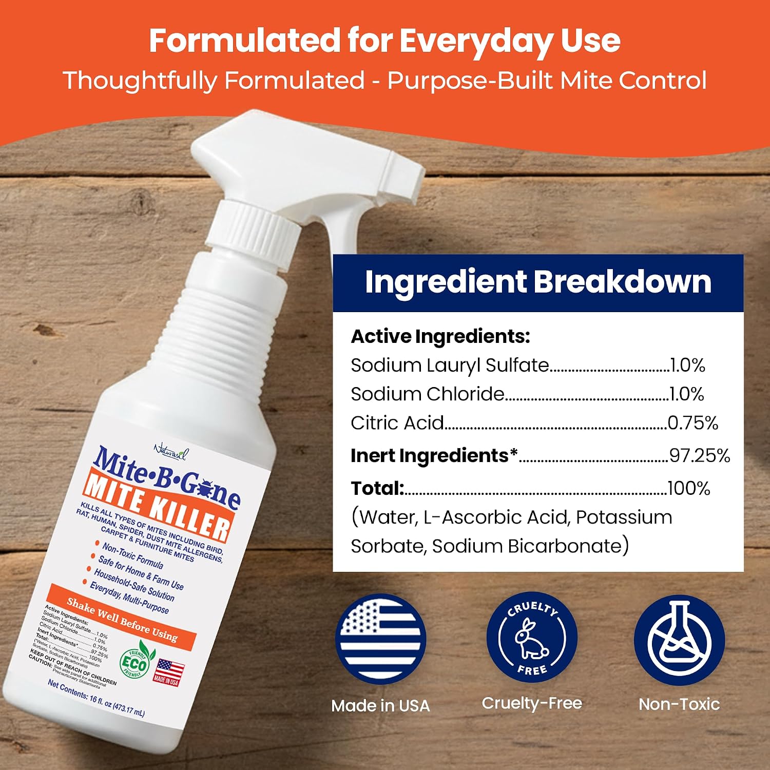 Dust Mite Killer Spray by Mite-B-Gone 16oz | Naturally Kills Human Mites, Chicken, Bird, Dust, Spider, Rat, Turkey, Carpet Mites | Family & Pet Safe Treatment for Homes, Furniture, Bedding & Farms