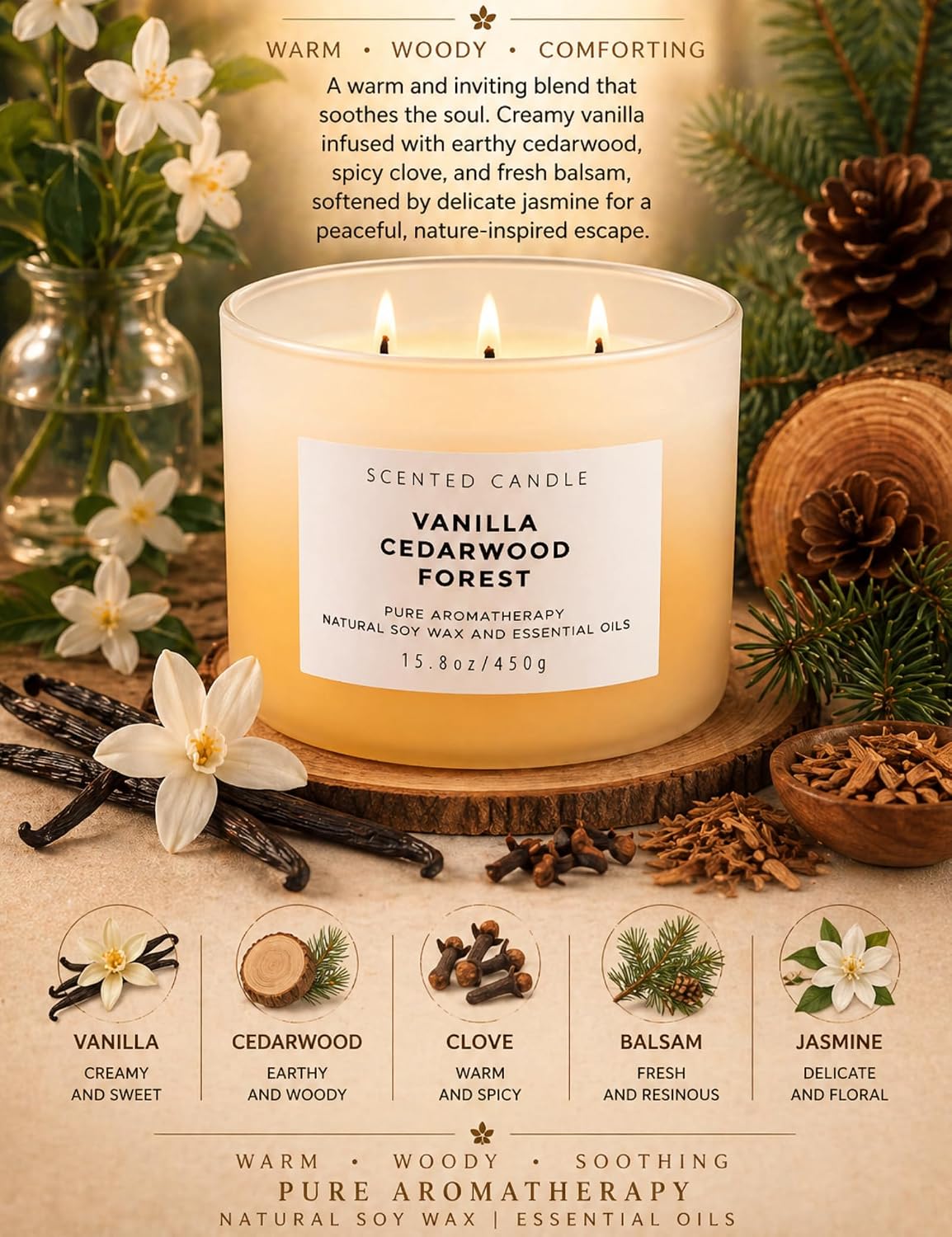 Vanilla Cedarwood Forest Candle | 3-Wick Large Scented Soy Candles 15.8 oz | Aromatherapy Vanilla Candle for Women & Men | Warm Woody Cozy Home Scent | Long Lasting Clean Burn