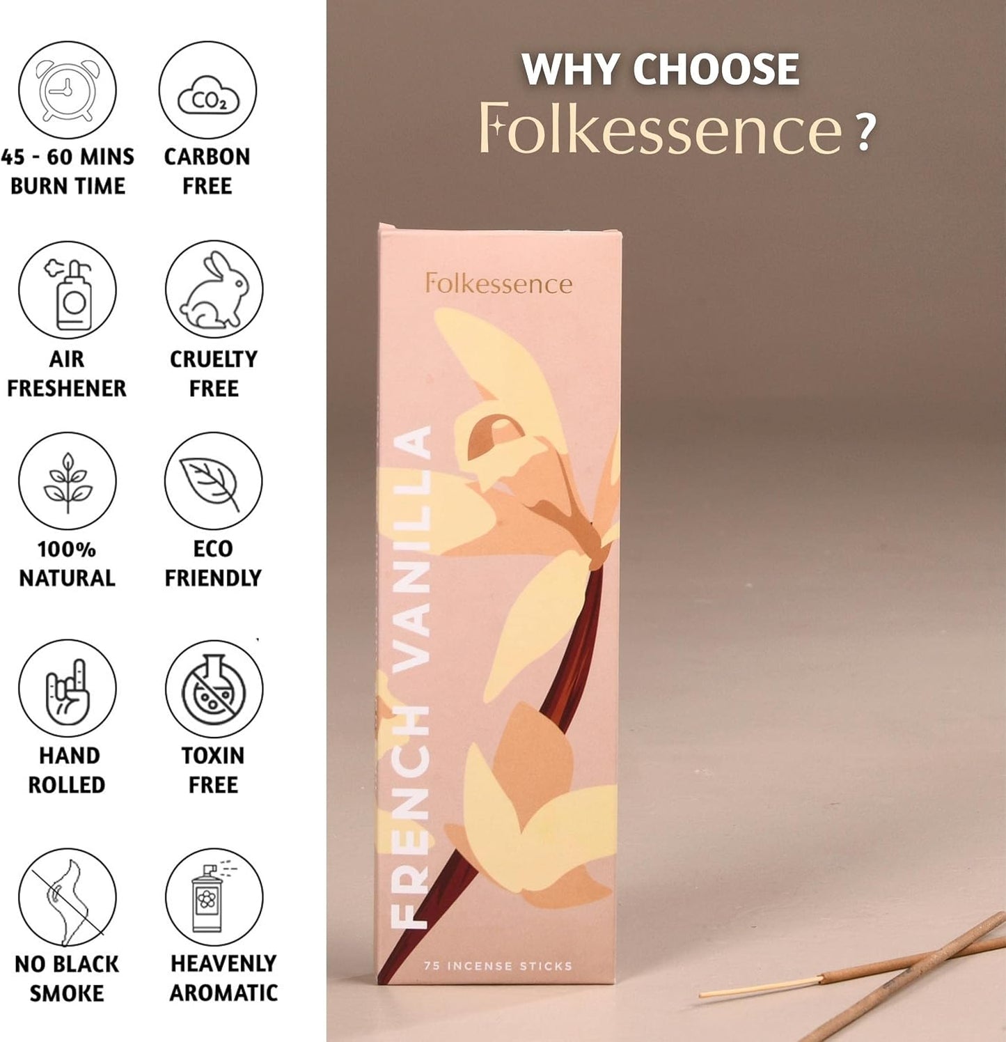 Folkulture Incense Sticks (75 Sticks) |8" Premium French Vanilla Incense Sticks For Meditation, Aromatherapy, Stress Relief Gifts | No Charcoal,Organic, Non Toxic, 45 Mins, Long Burning Insence-Sticks