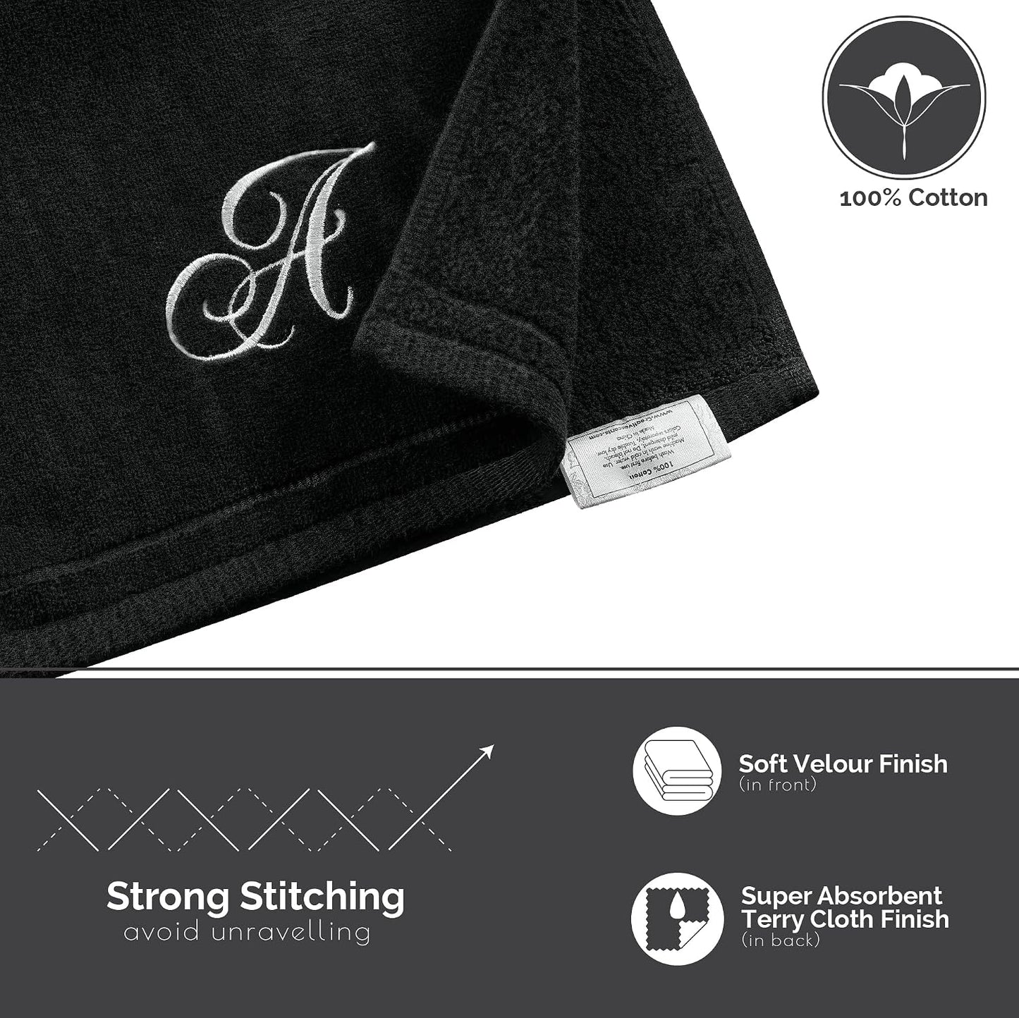 Monogrammed Towels Fingertip, Personalized Gift, 11 x 18 Inches - Set of 2 White Embroidered Towel - Extra Absorbent 100% Cotton - Soft Velour Finish - For Bathroom/ Kitchen/ Spa - Initial N (Black)