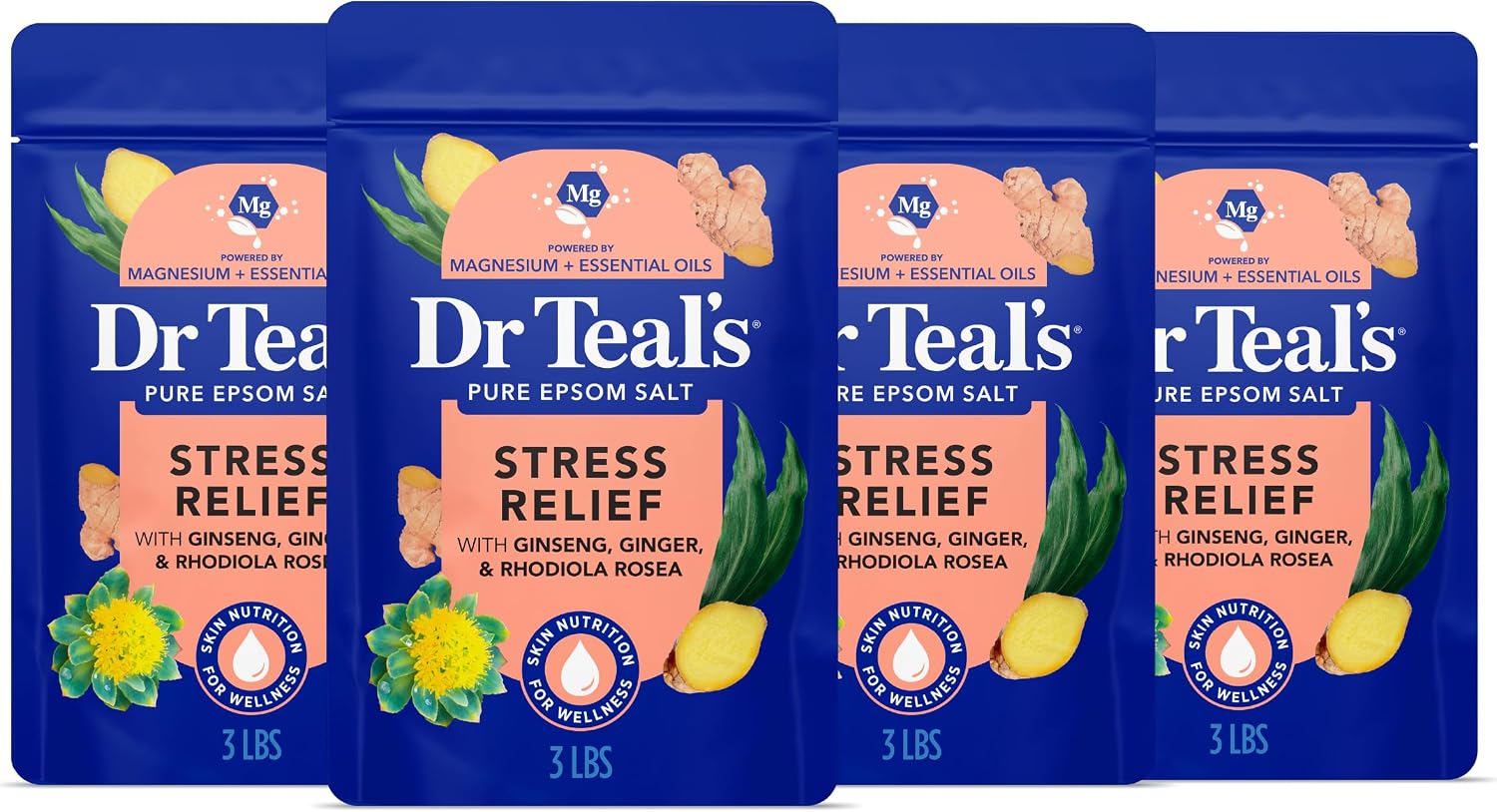 Dr Teal's Epsom Salt Magnesium Soak, Salt Stress Relief with Ginseng & Ginger Essential Oils, 3 lbs (Pack of 4)