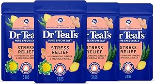 Dr Teal's Epsom Salt Magnesium Soak, Salt Stress Relief with Ginseng & Ginger Essential Oils, 3 lbs (Pack of 4)