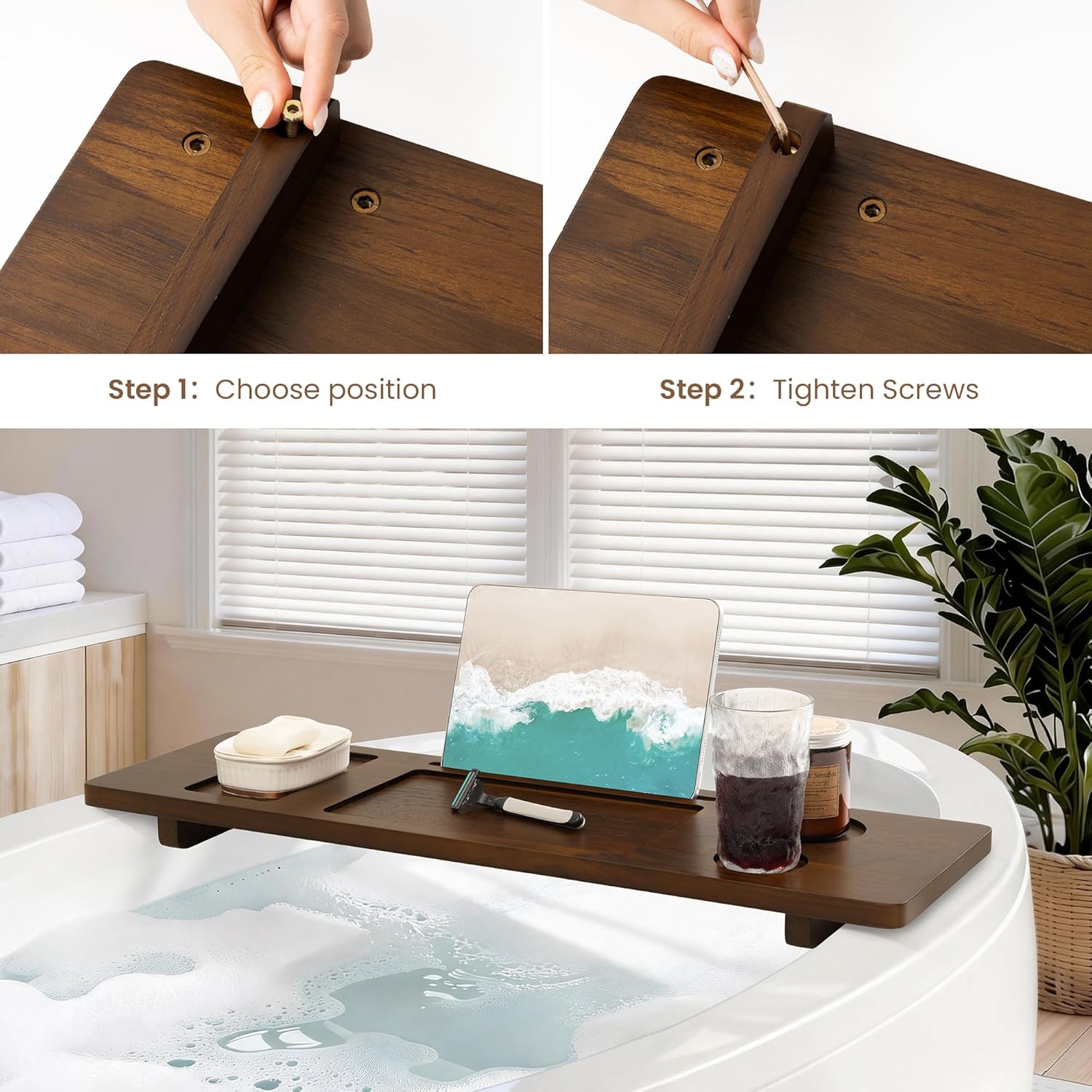 Teak Bathtub Tray - Wood Bath Caddy Tray 35" for Large Tubs - Adjustable Bathtub Table Trays - Luxury Shower Organizer for Home Spa Relaxation and Reading - Dark Walnut Color