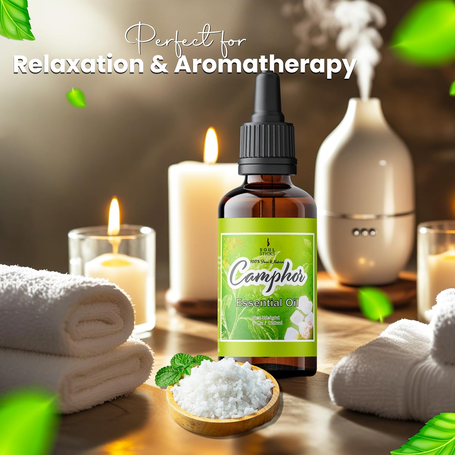SOUL STICKS Natural Camphor Essential Oil 4 Fl Oz (120ml) 100% Natural Camphor Oil with Glass Dropper for Aromatherapy, Puja, Massage, Skin Care