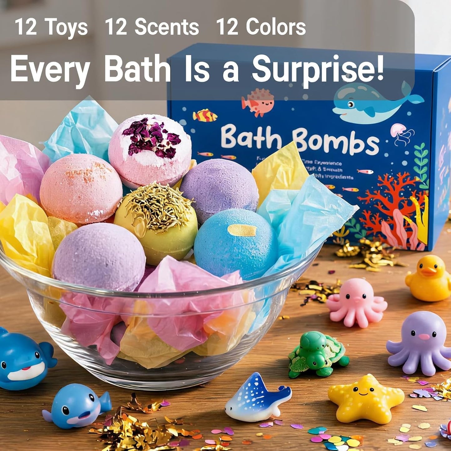 12 Pack Bath Bomb Gift Set - Large 2.1oz / 60g Shea Butter Spa Fizzies with Hidden Surprise Inside - Mineral-Rich Non-Staining Moisturizing Formula for Adults