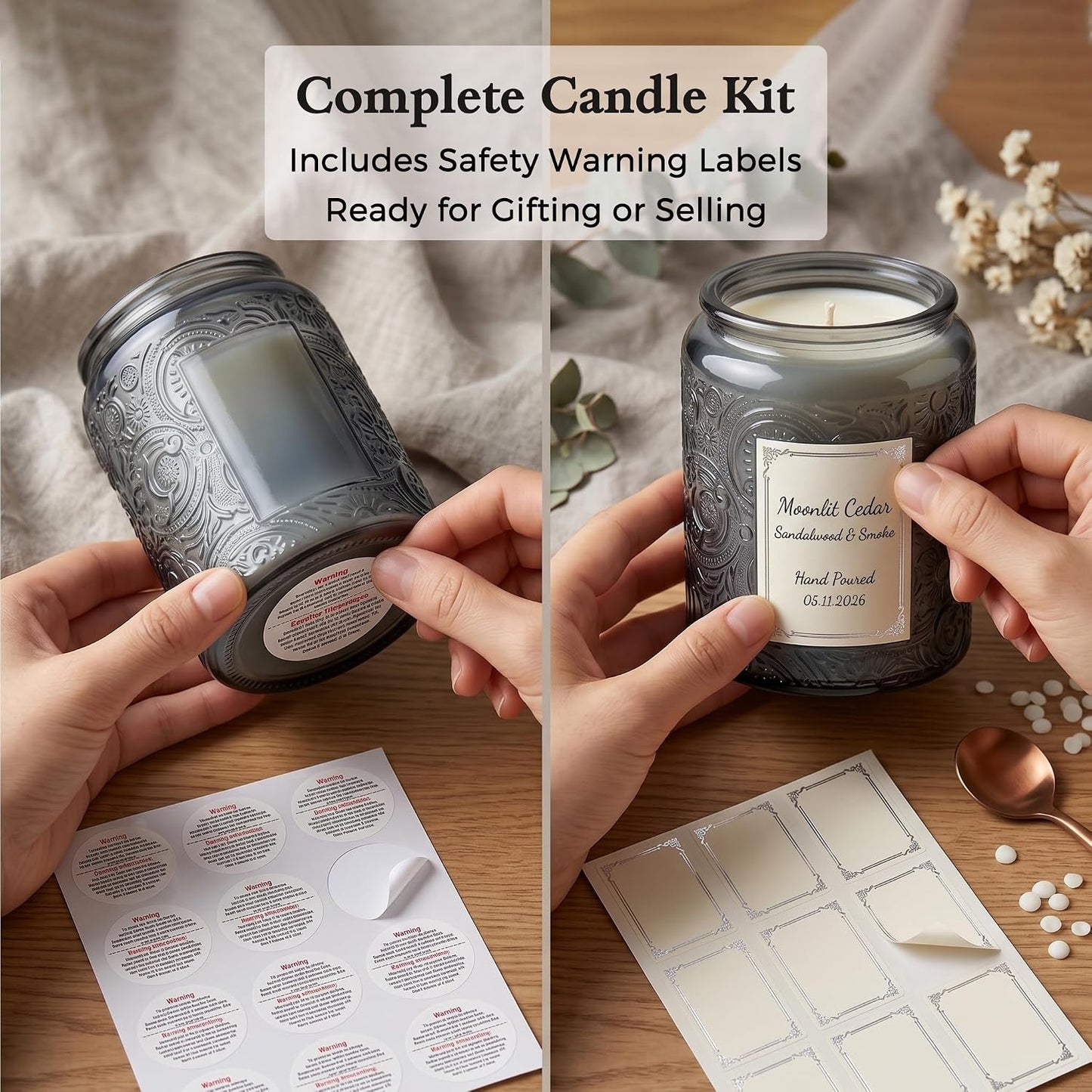 8 oz Gray Sun Moon Stars Candle Jars with Bamboo Lids, 9 Pack | Patented Embossed Design, Includes Wick Centering Devices & Warning Labels, Multiple Color Options