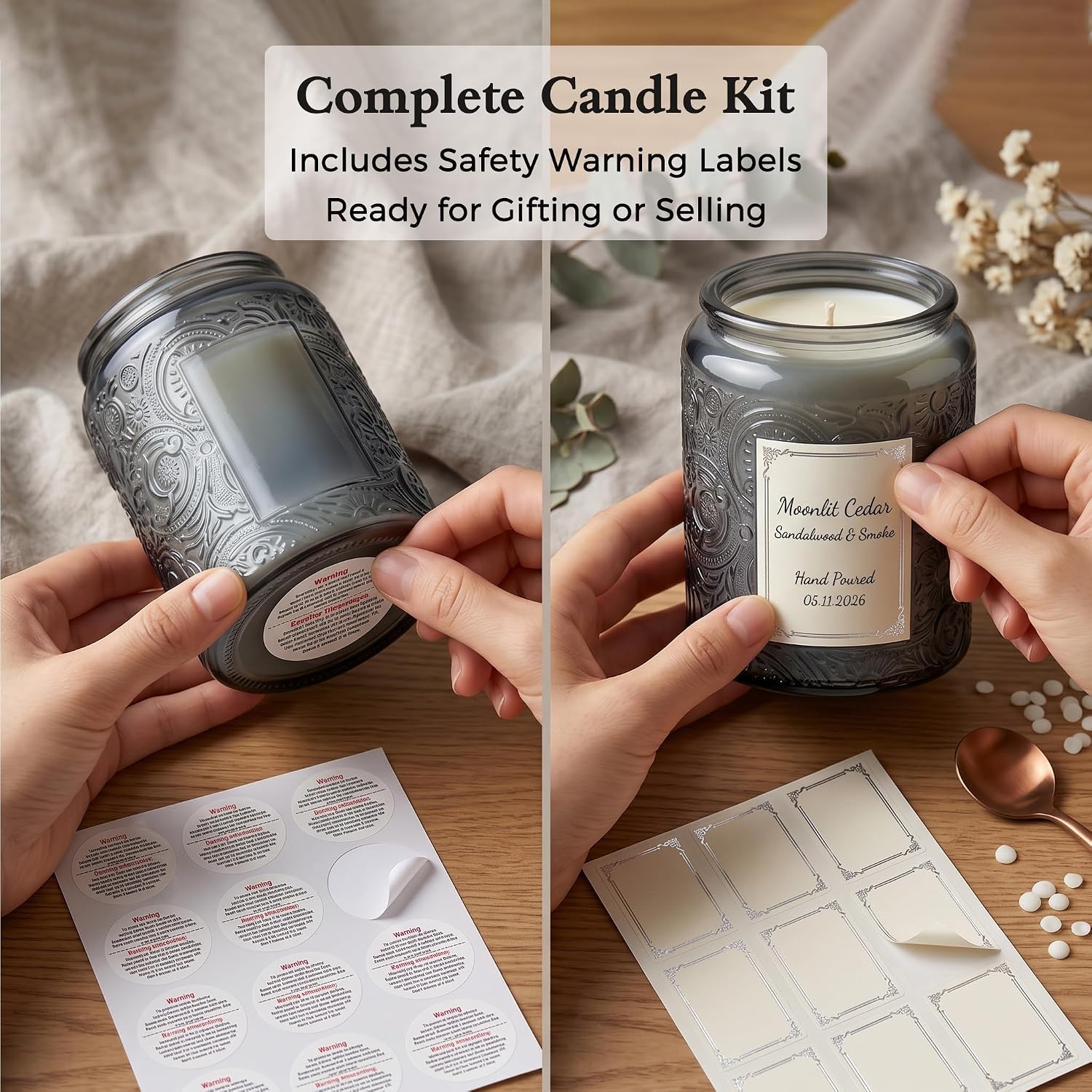 8 oz Gray Sun Moon Stars Candle Jars with Bamboo Lids, 9 Pack | Patented Embossed Design, Includes Wick Centering Devices & Warning Labels, Multiple Color Options
