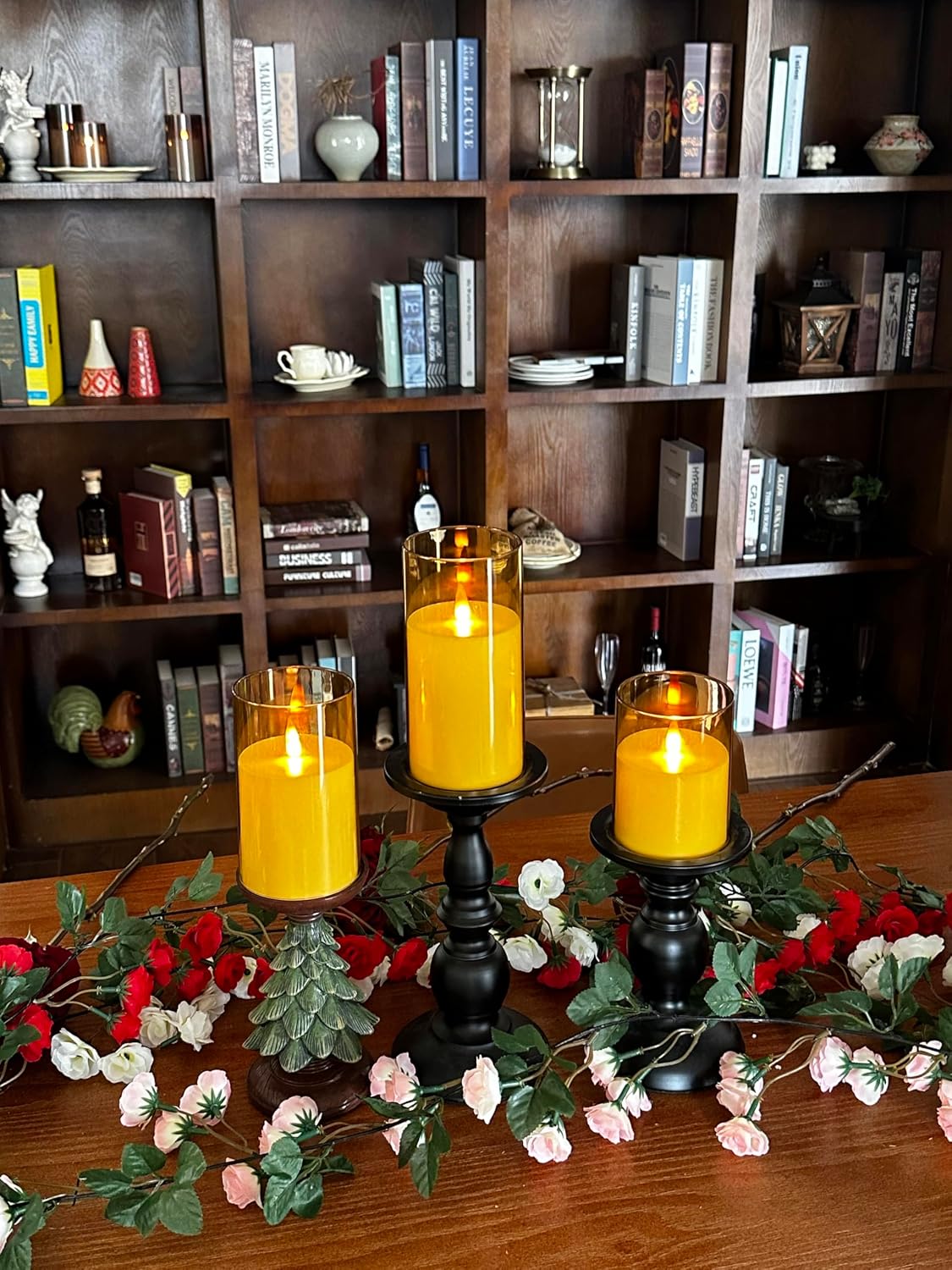 Upinmz Gold Acrylic Flameless Candles with Remote Control and Timers，Battery Operated Candles，LED Pillar Candles with Dancing Flame ，for Home Decorations ，Set of 3
