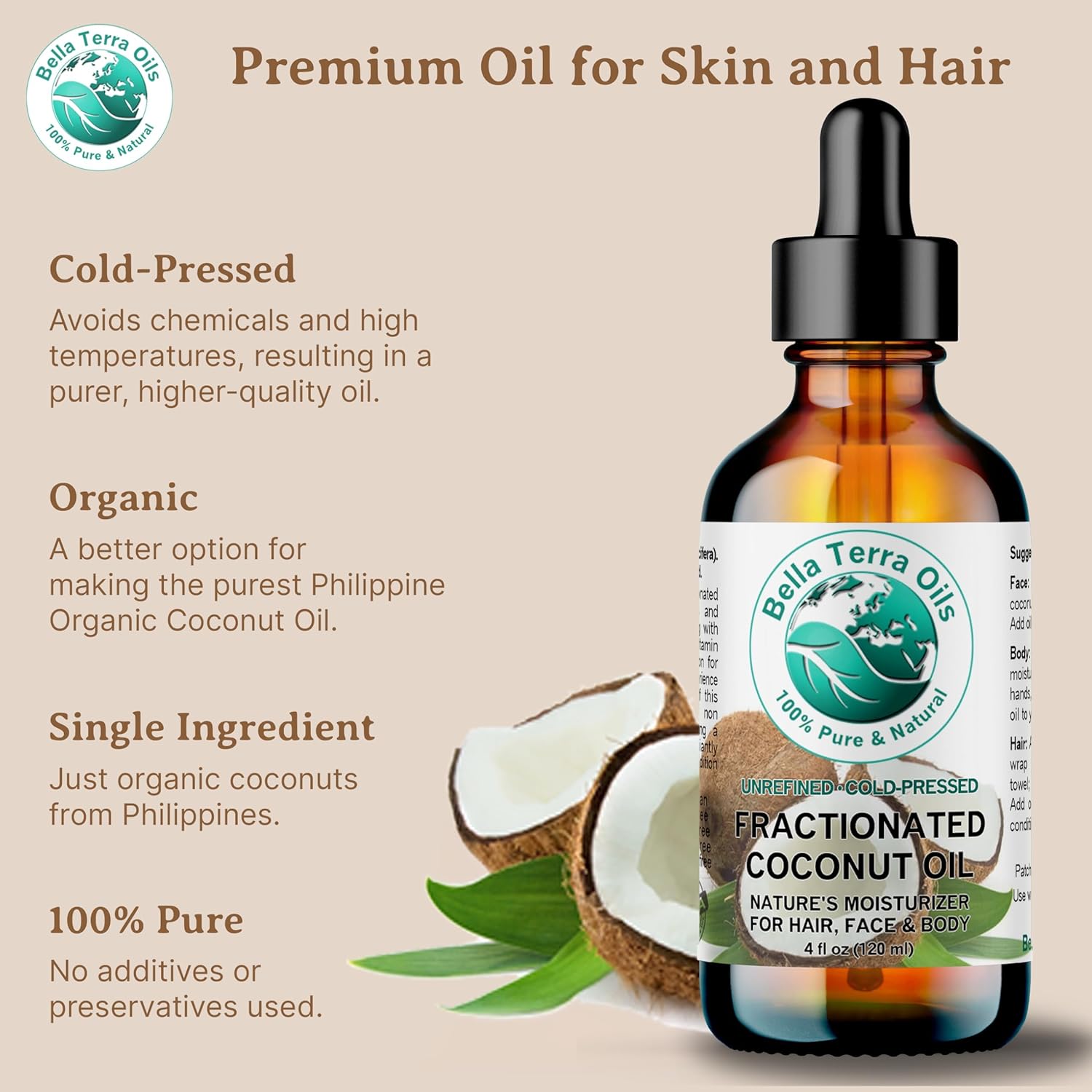 Bella Terra Oils - Organic Fractionated Coconut Oil 8 oz - Experience the Purity of Liquid Coconut, Bursting with Essential Fatty Acids, Elevate Your Skin Rituals