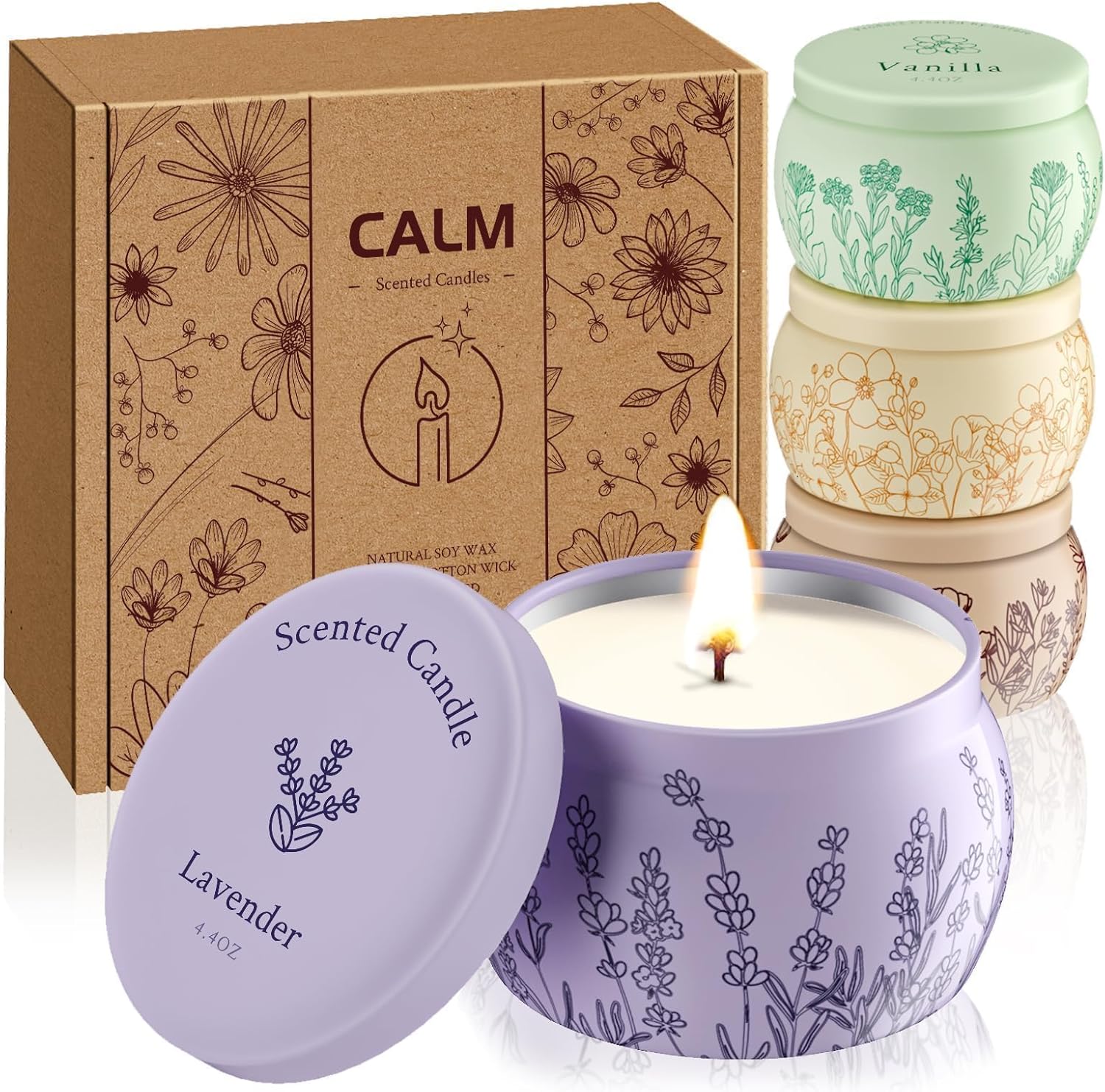 Scented Candles for Mom, 17.6oz Romantic Jar Candles for Women Girl Candle Set, 120H Burning, Soy Candle for Home Scented, Mother's Day,Birthday,Lavender | Vanilla | Rose & Sandalwood | Jasmine -4Pack