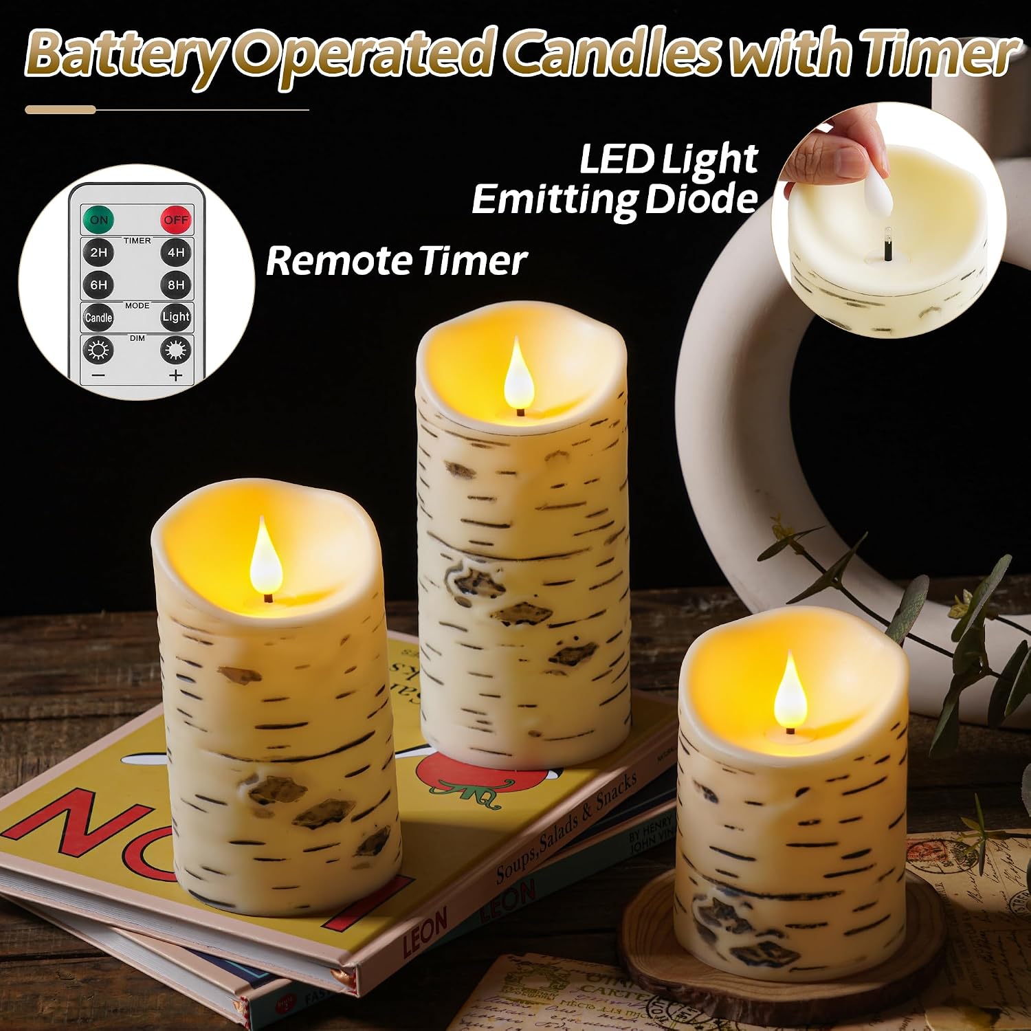 QQFCTOO Birch Bark Flameless Candles, Flickering Battery Operated LED Candles, Electric Plastic Pillar Candles with Remote & Timer, Rustic Farmhouse Home Decor, Wedding Centerpiece, Gift Set of 3