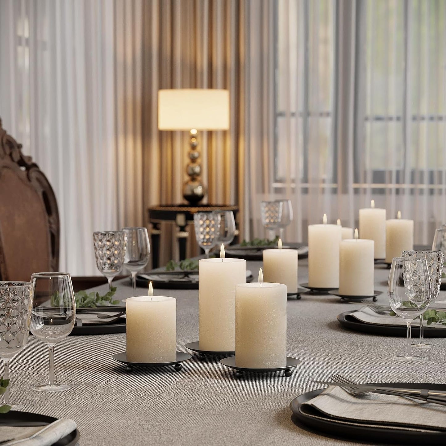 Black Candle Holders for Pillar Candles, Set of 2 Premium Metal Candle Plates Candle Stand for LED or Wax Candles, Decorative Pillar Candle Holder Dish for Table Centerpiece