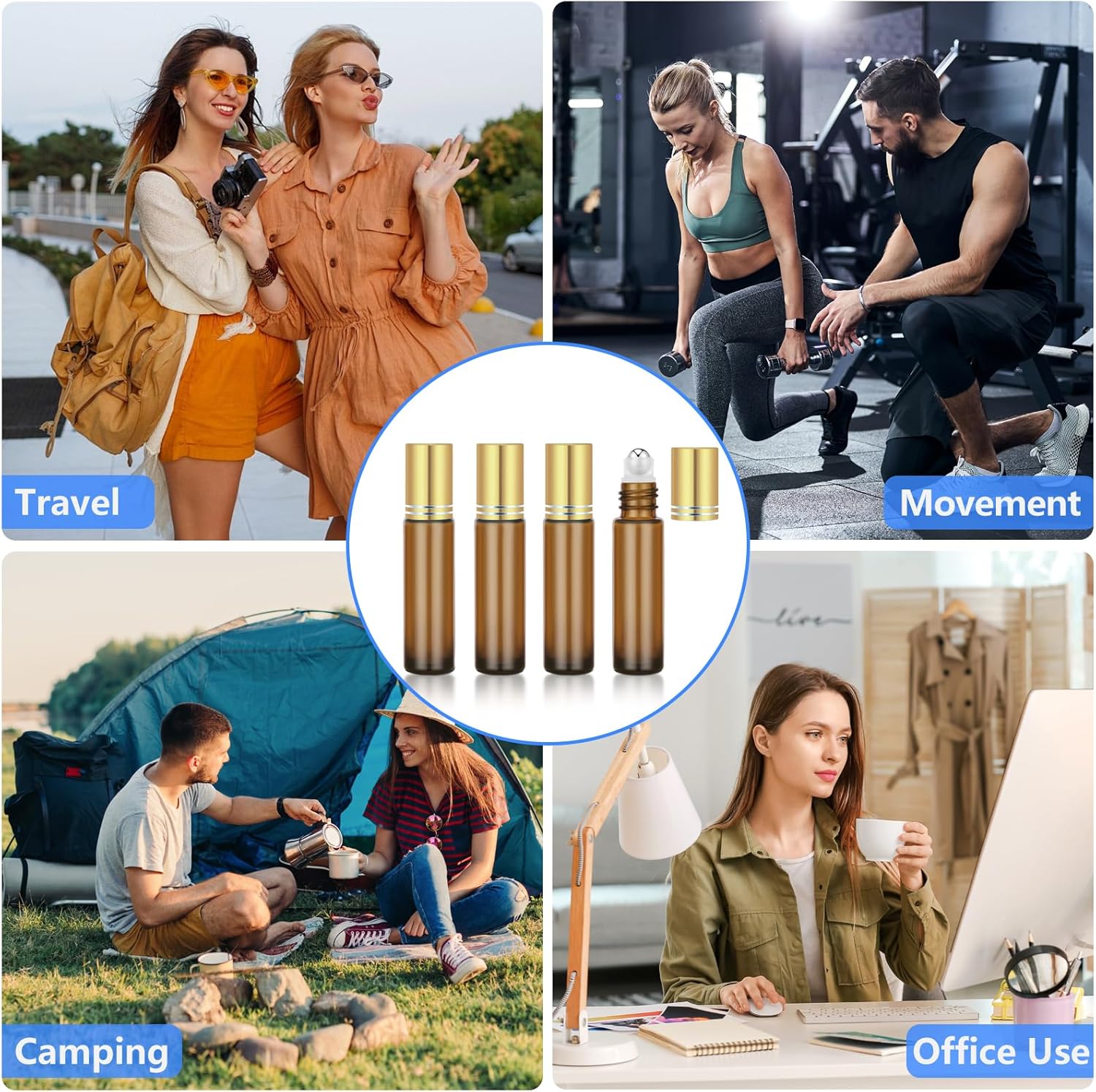 DTDNZKN 4 Pack of 0.34 Oz (10ml) Essential Oil Roller Bottles - Refillable, Leak-proof Amber Glass Roll-on Bottles with Stainless Steel Roller Balls, Metal Caps, and Labels Included