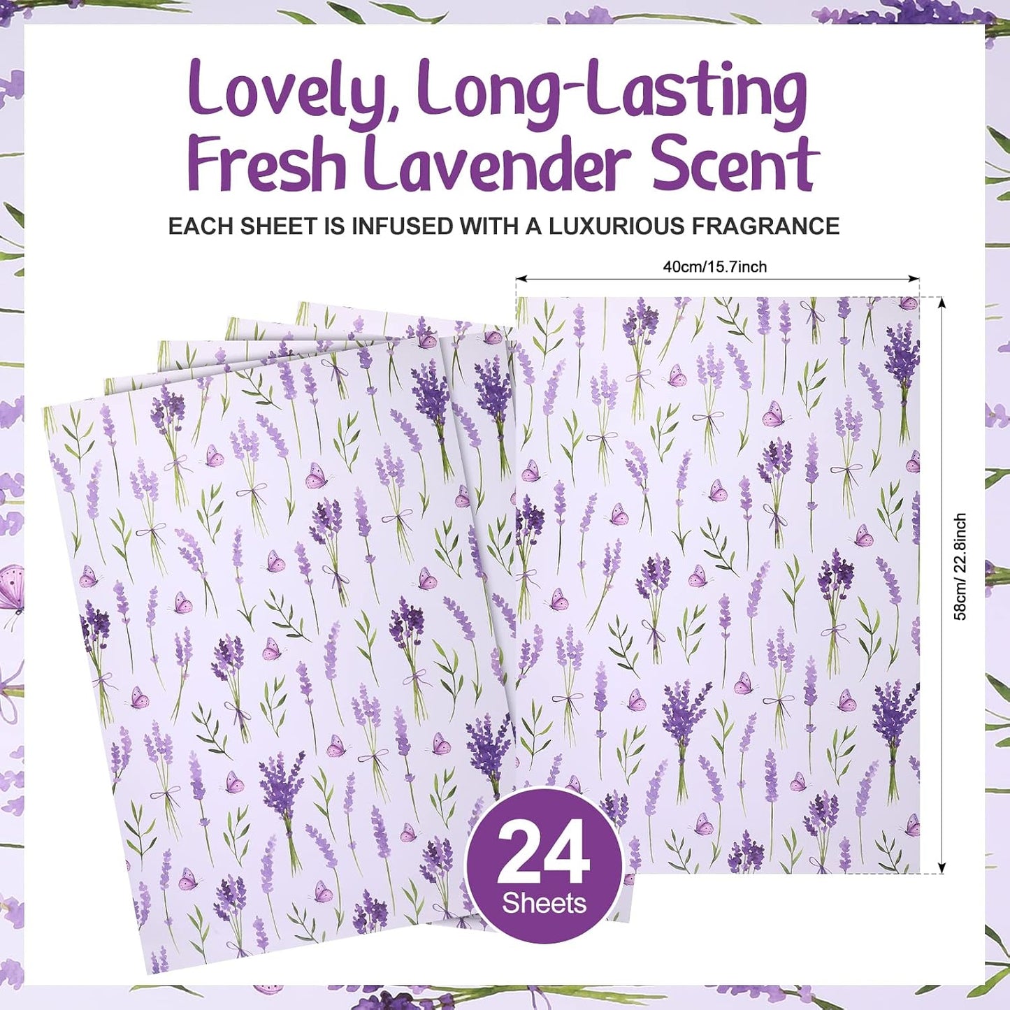 24 Sheets Scented Drawer Liners for Dresser 15.7 x 22.8 Inch Lavender Drawer Paper Non Adhesive Liners Dresser Scented Floral Print Fragrant for Kitchen Cabinet Shelf Closet(Vibrant Style)
