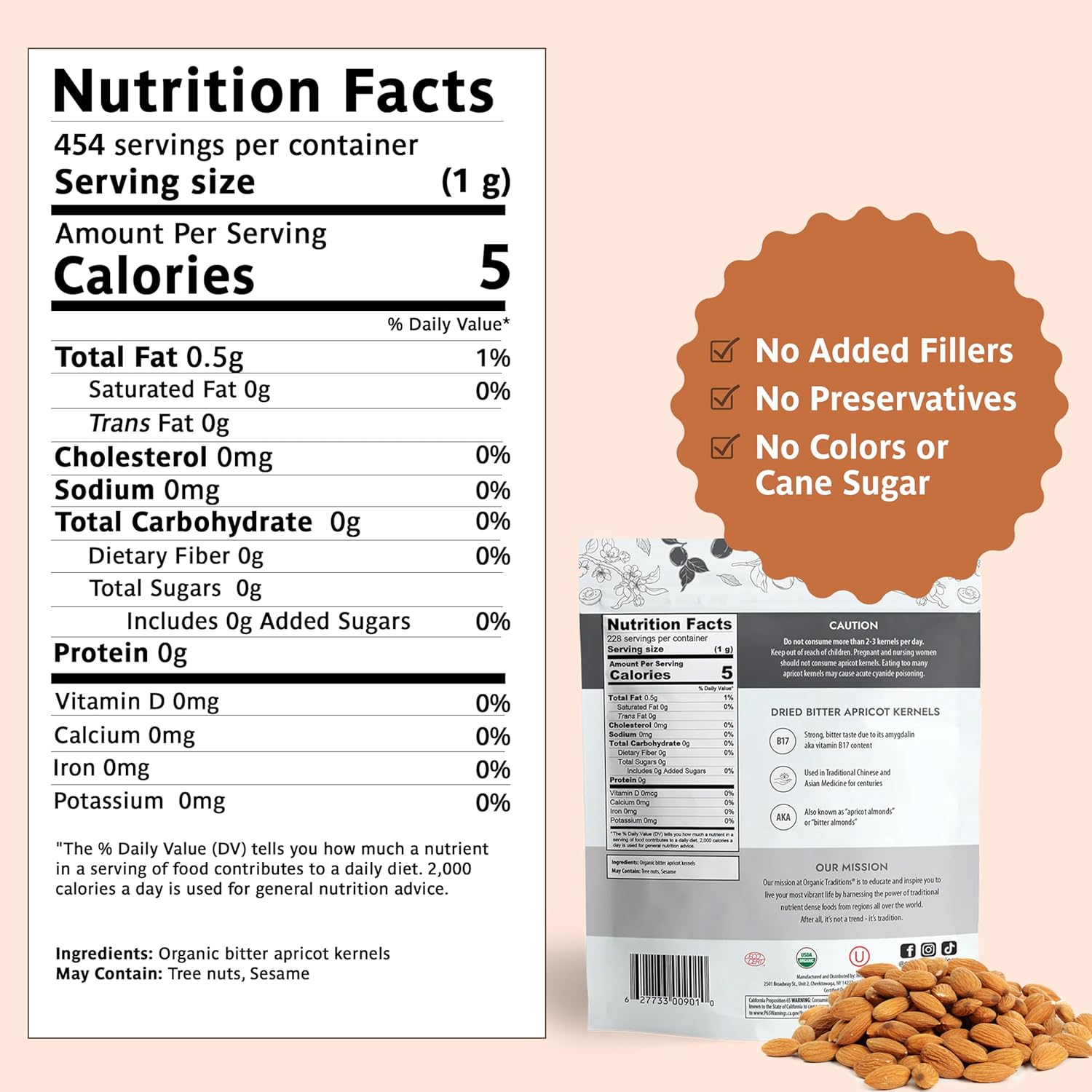Organic Traditions Apricot Kernels, Organic Apricot Seeds, Sundried Sweet and Bitter Taste, Vegan, Source of Vitamin B17, Non GMO, Whole Foods Delivery, Plant Based for Snacking and Blending, 16 oz