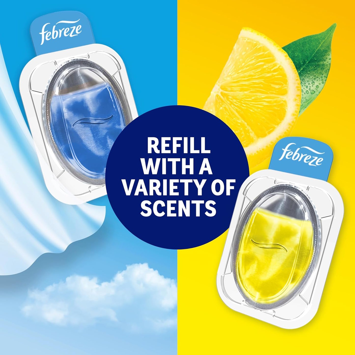 Febreze Trash Odor Fighter, Trash Can Air Freshener, Stick-On Deodorizer for Garbage Cans, Diaper Pails, Works with Scented Trash Bags, Fresh Lemon and Linen & Sky Scents, 2 Holders + 2 Refills