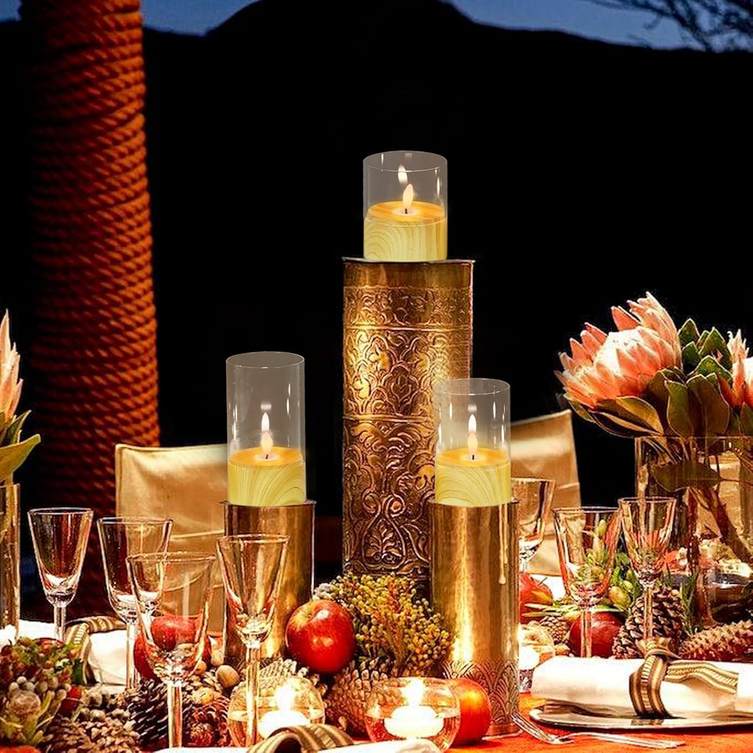 Battery Operated Candles with 6H Timer, 3 Pack Glass LED Flikcering Flameless Candles, Clear Pillar Candles with 3D Flame for Spring Wedding Home Bedroom Decor(Set of 3)